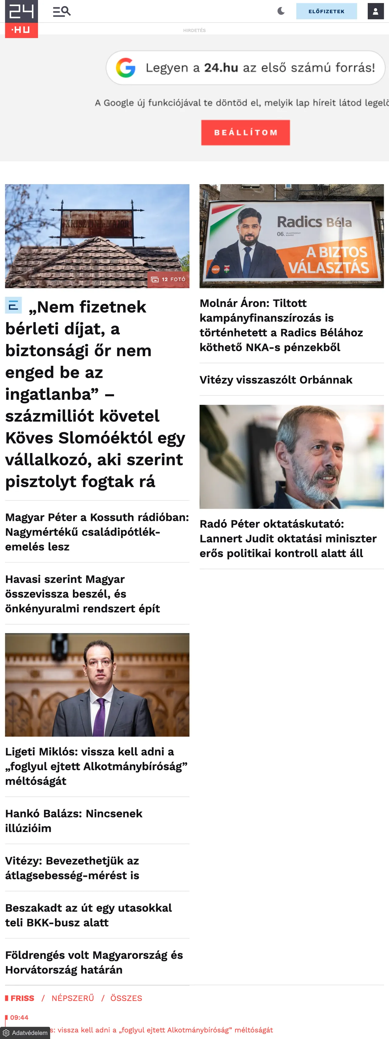 Screenshot of the 24.hu front page