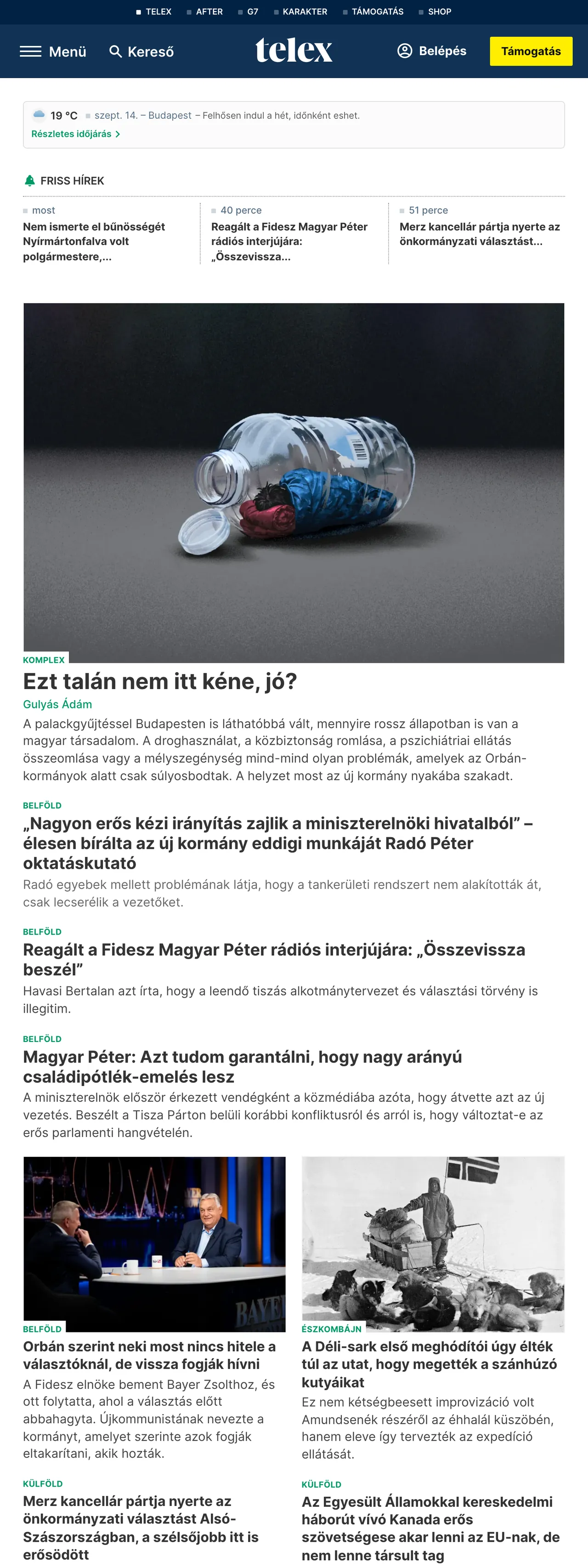 Screenshot of the Telex front page