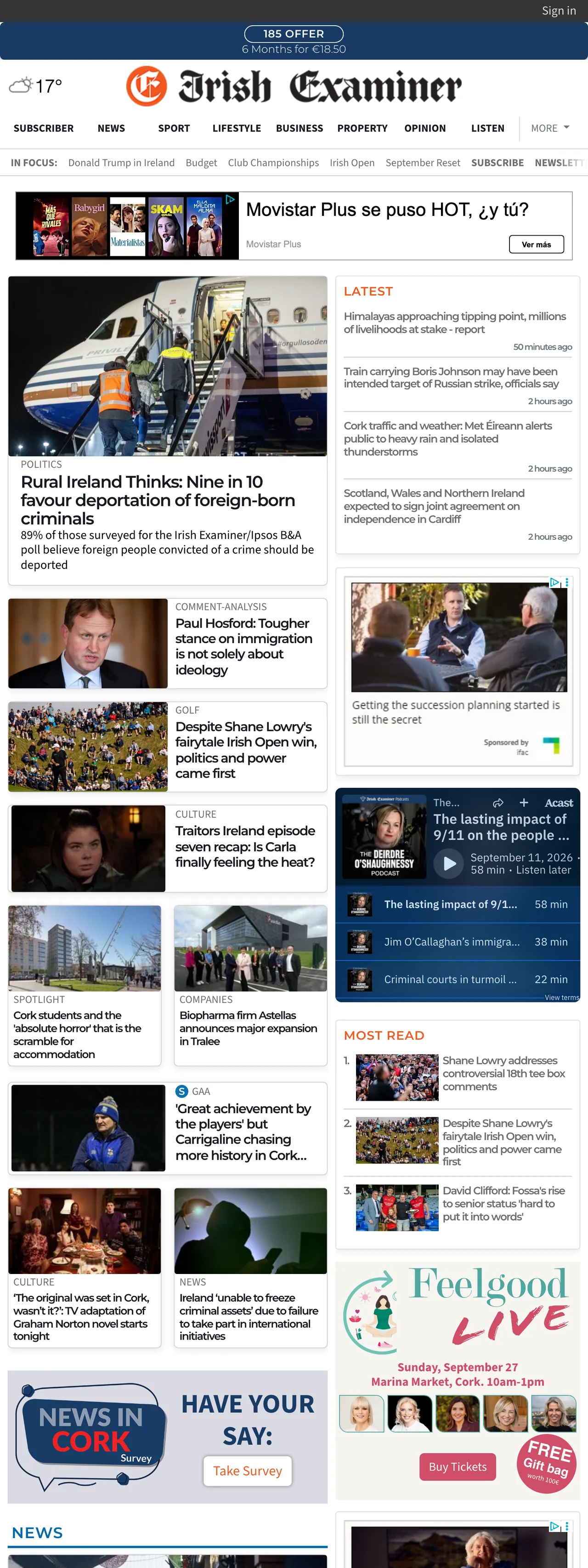 Screenshot of the Irish Examiner front page