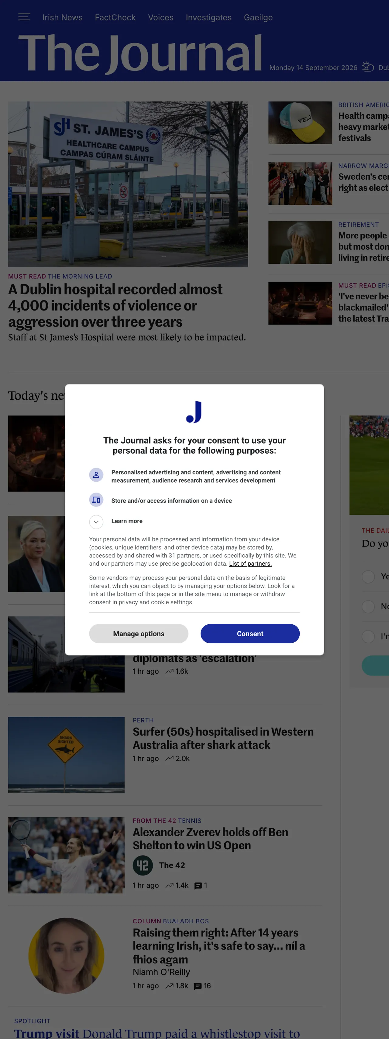 Screenshot of the TheJournal.ie front page