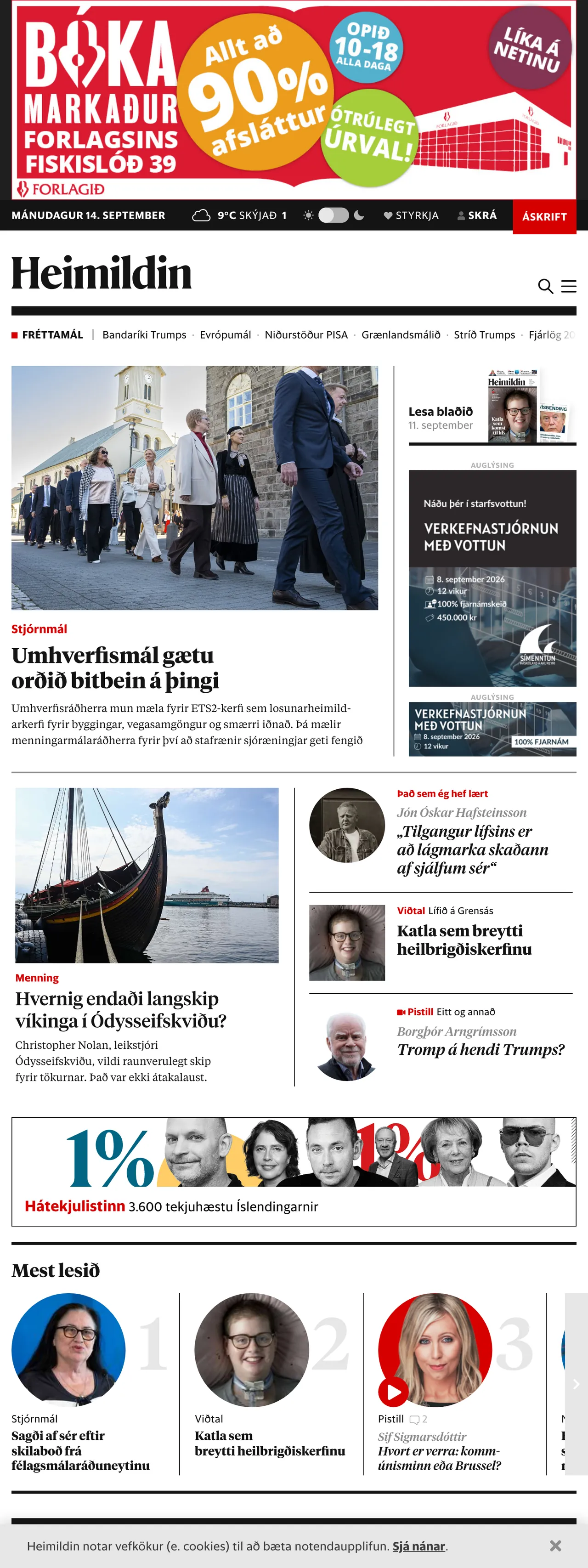Screenshot of the Heimildin front page