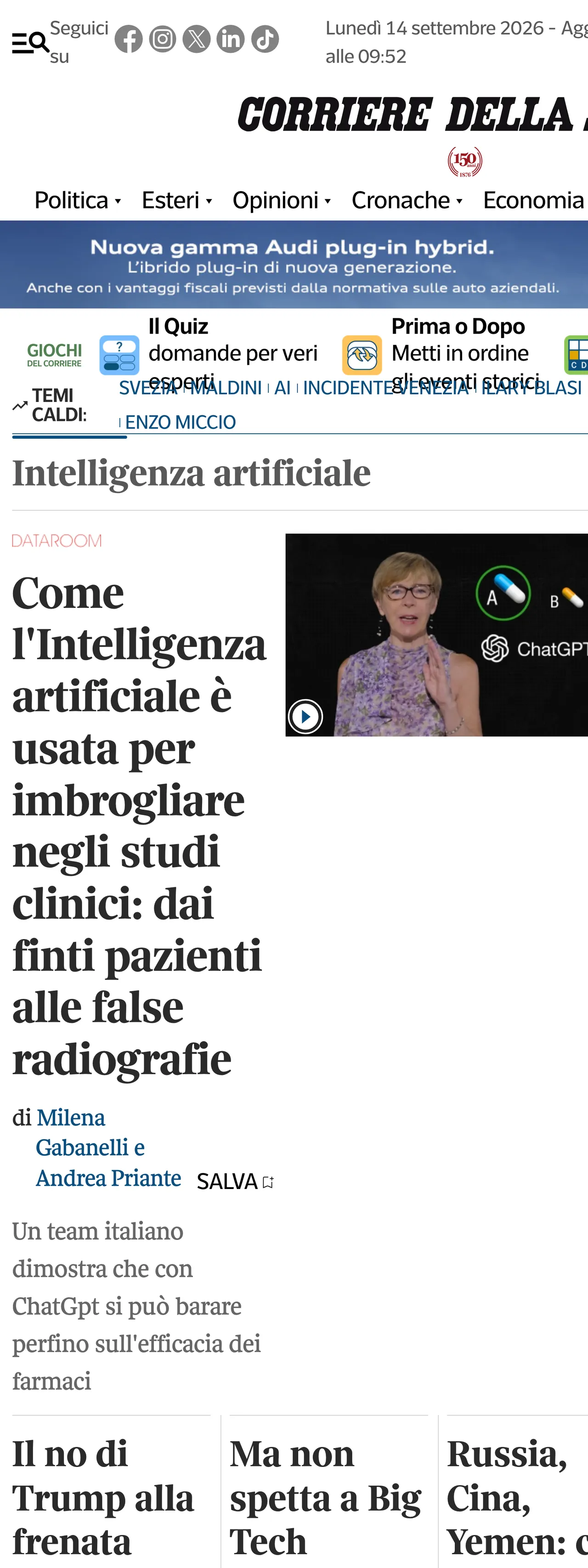 Screenshot of the Corriere della Sera front page