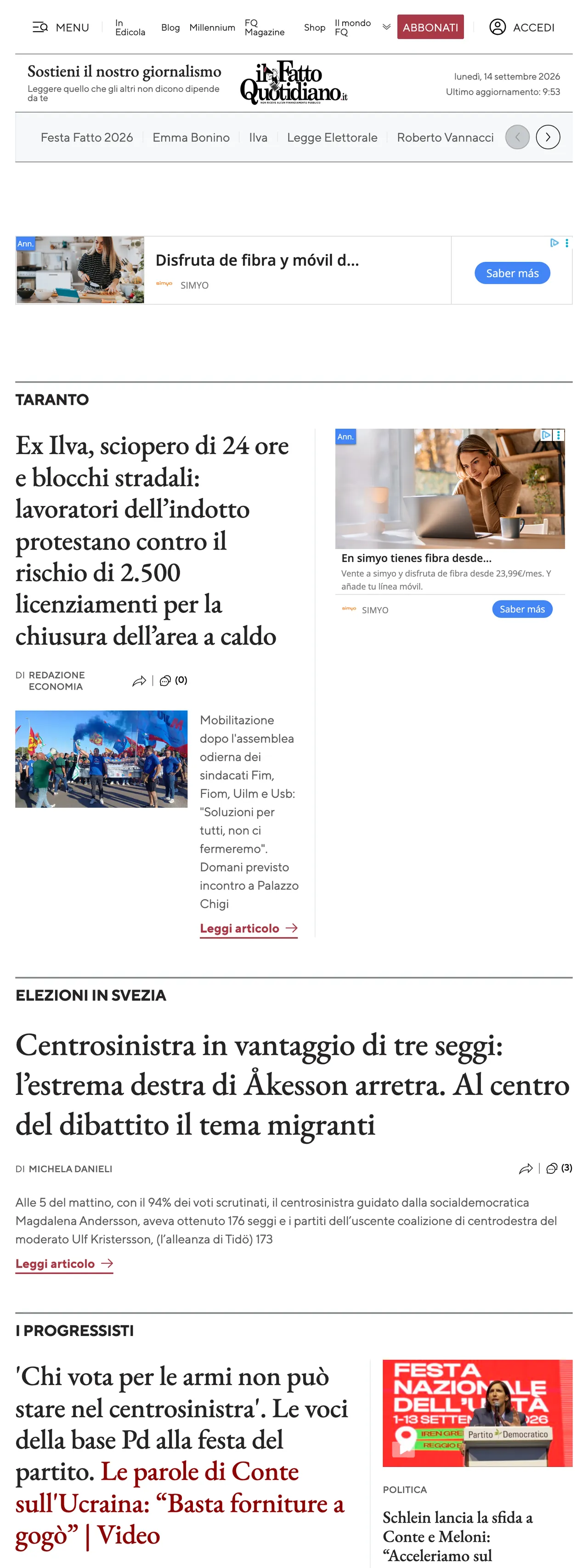 Screenshot of the Il Fatto Quotidiano front page