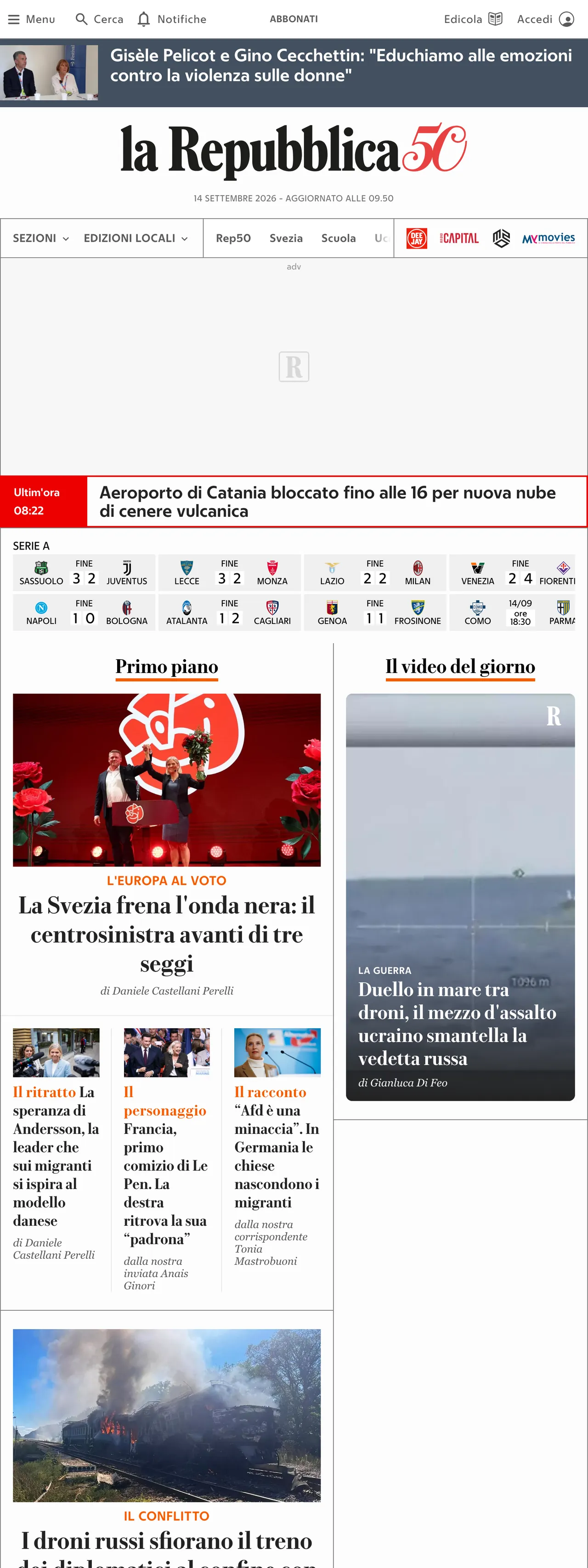 Screenshot of the la Repubblica front page