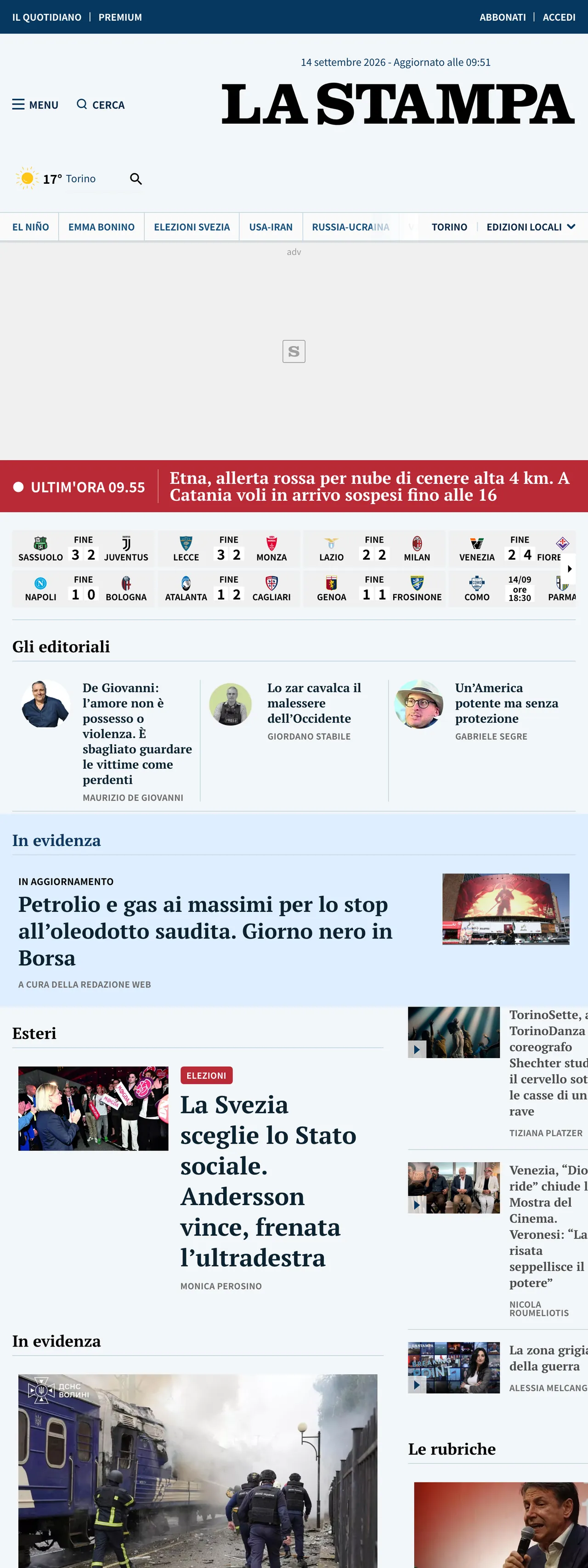Screenshot of the La Stampa front page