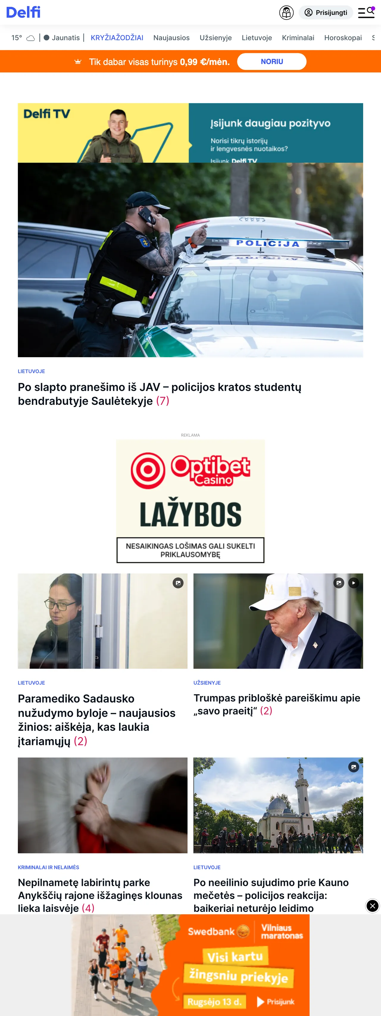 Screenshot of the Delfi front page