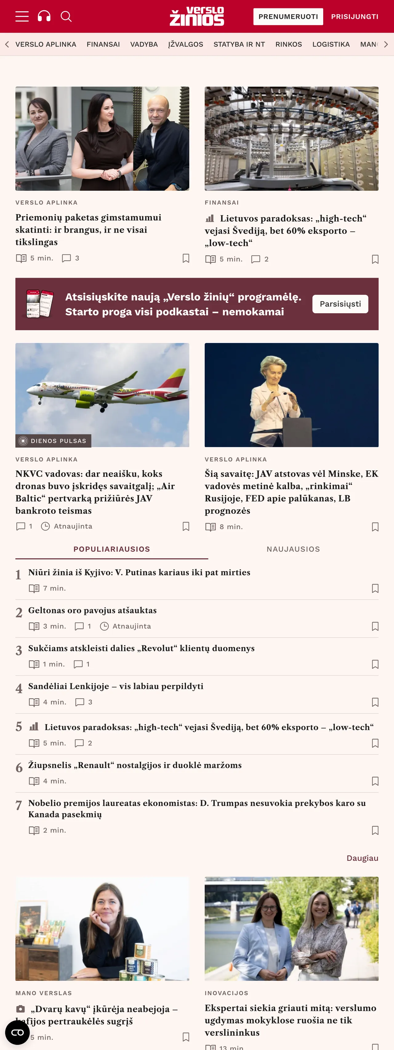 Screenshot of the Verslo žinios front page