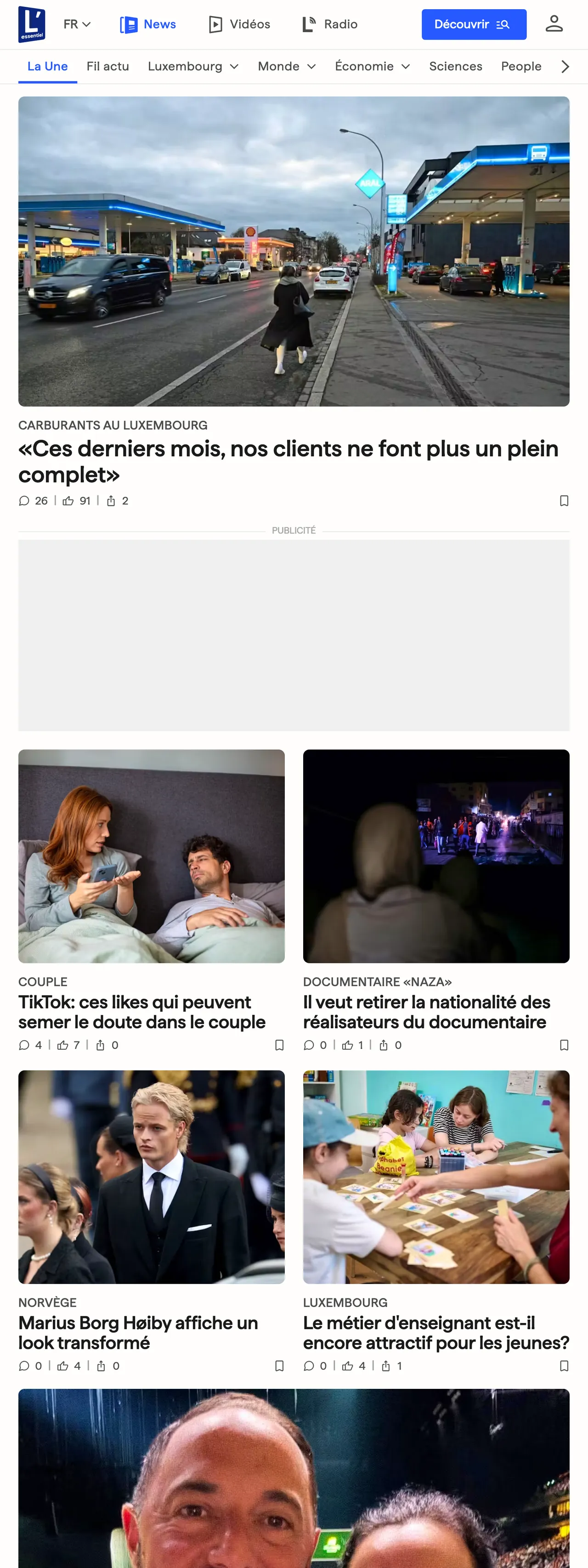 Screenshot of the L'essentiel front page