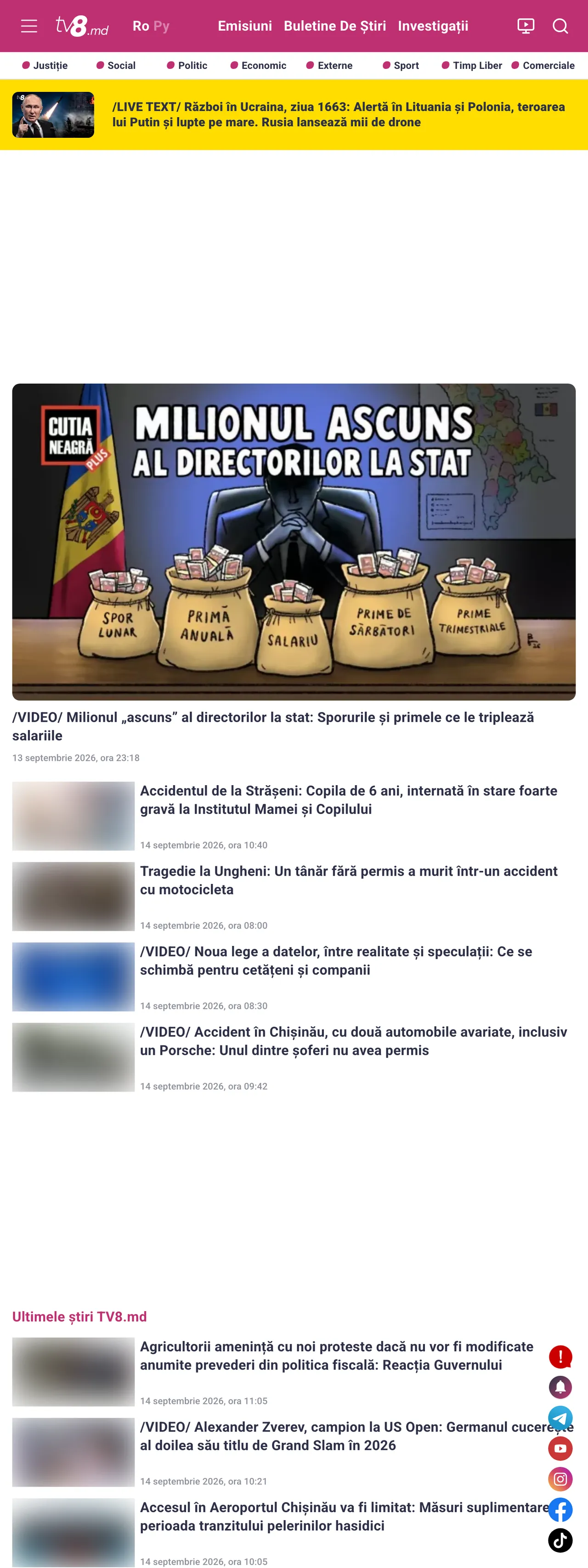 Screenshot of the TV8 front page