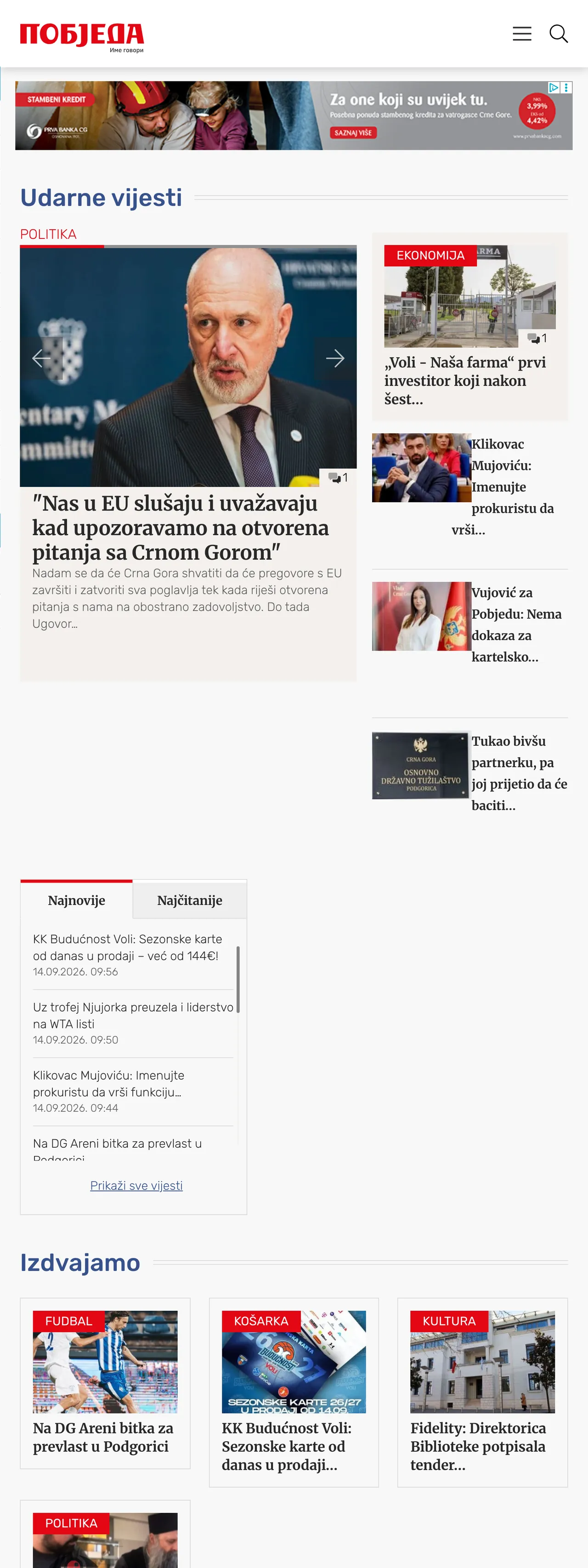 Screenshot of the Pobjeda front page