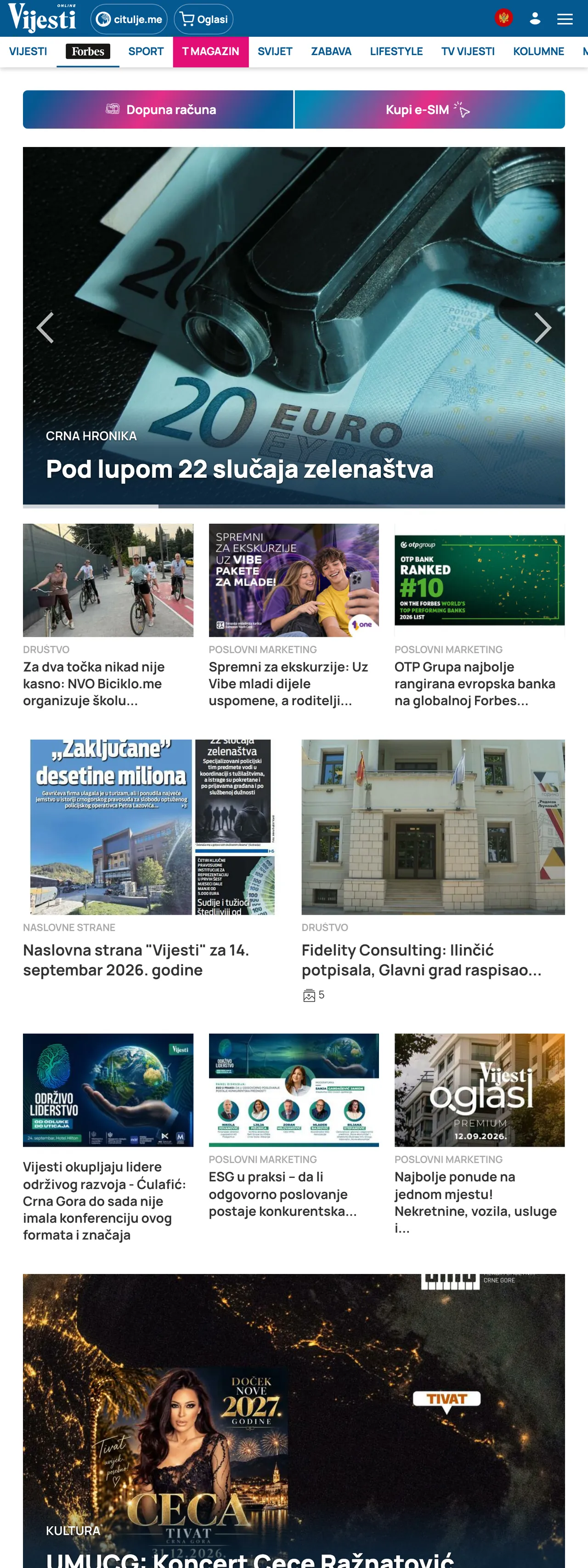 Screenshot of the Vijesti front page