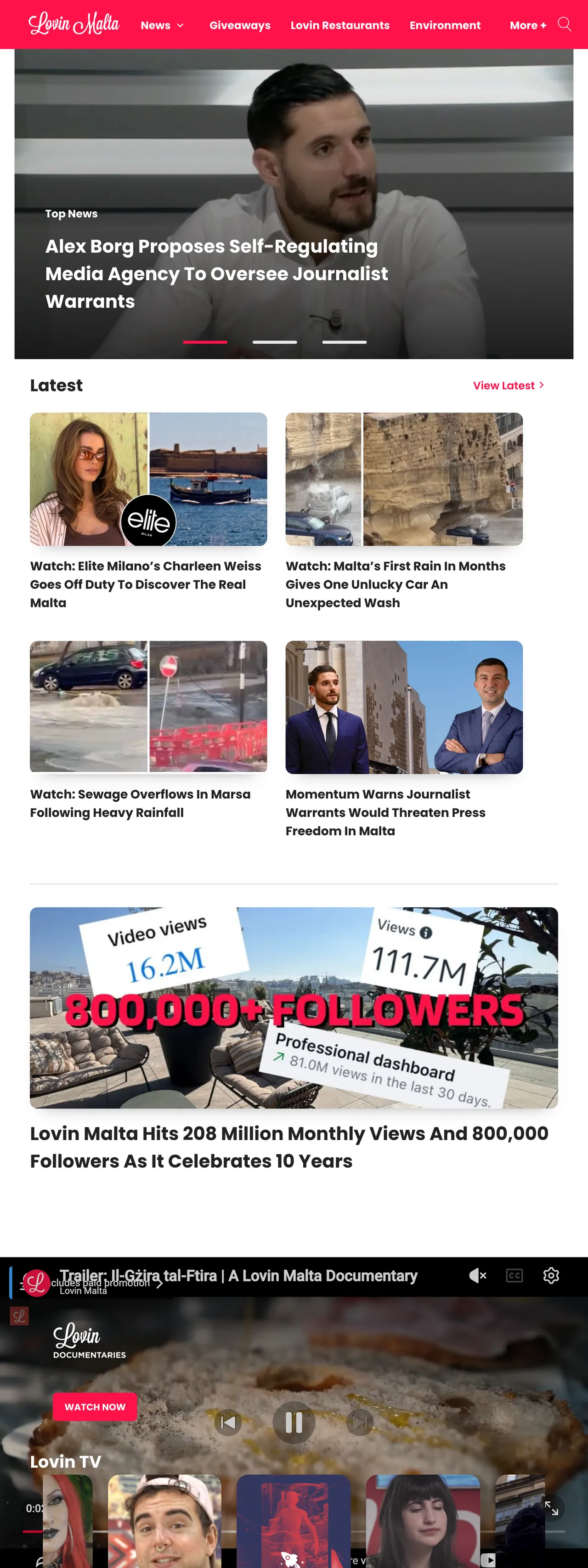 Screenshot of the Lovin Malta front page