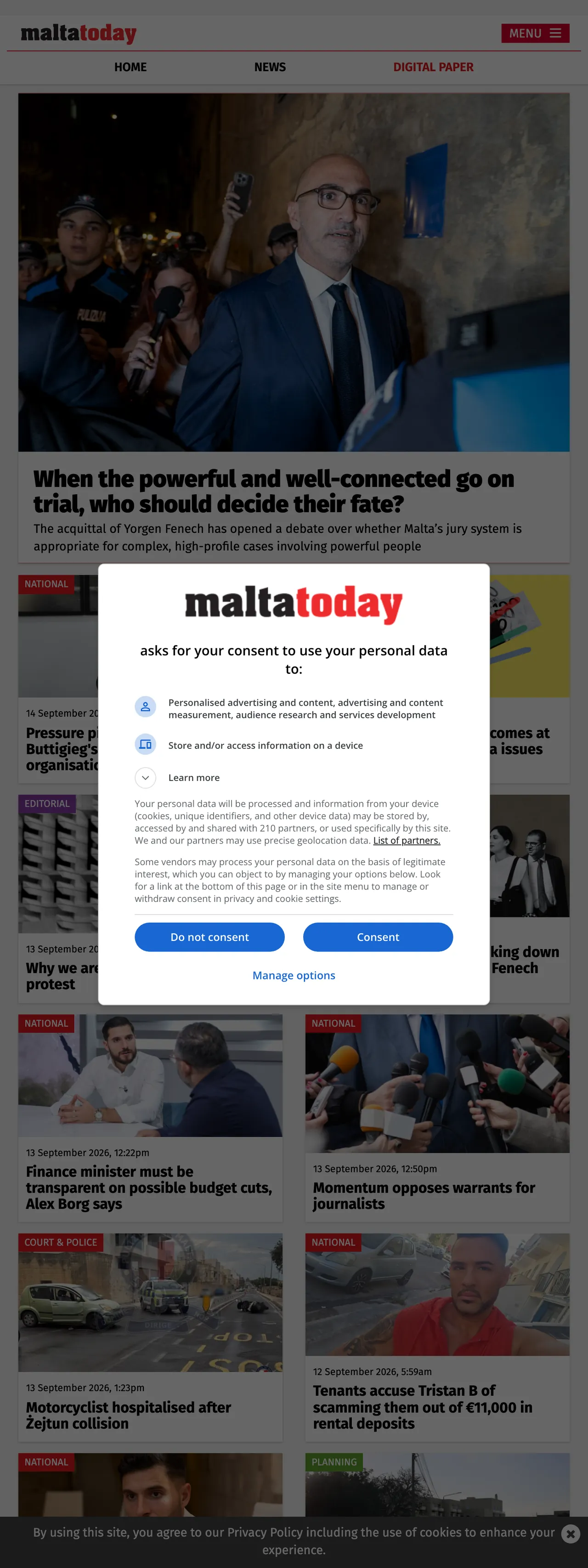 Screenshot of the Malta Today front page
