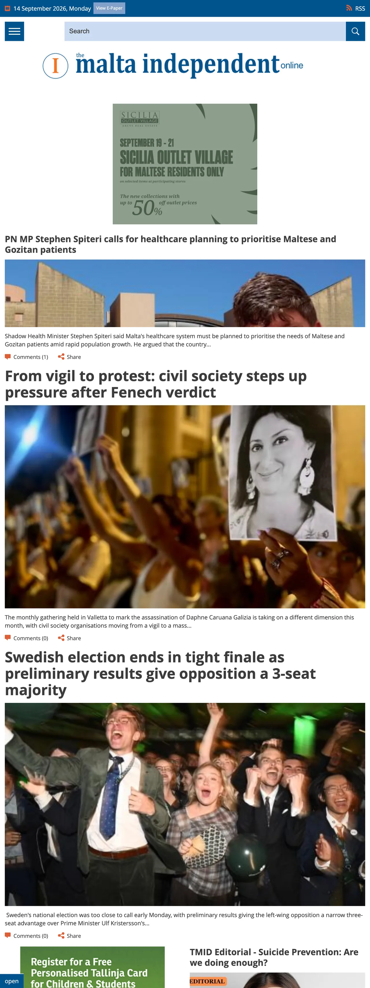 Screenshot of the The Malta Independent front page