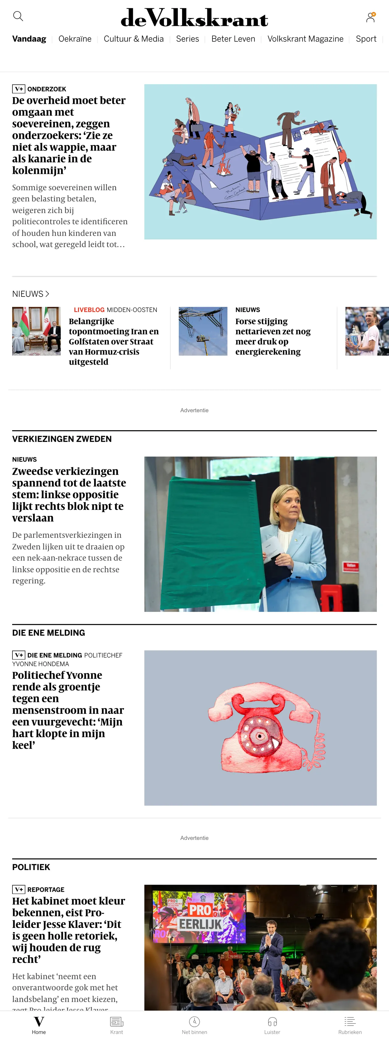 Screenshot of the de Volkskrant front page