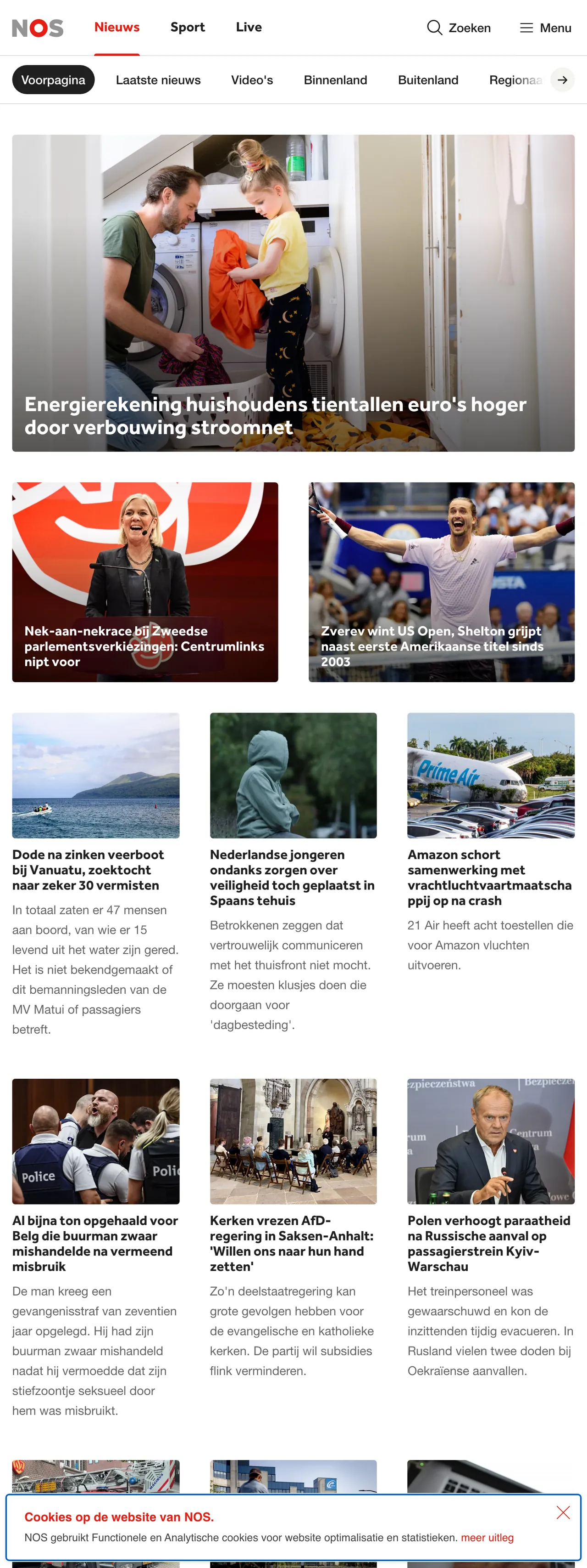 Screenshot of the NOS front page