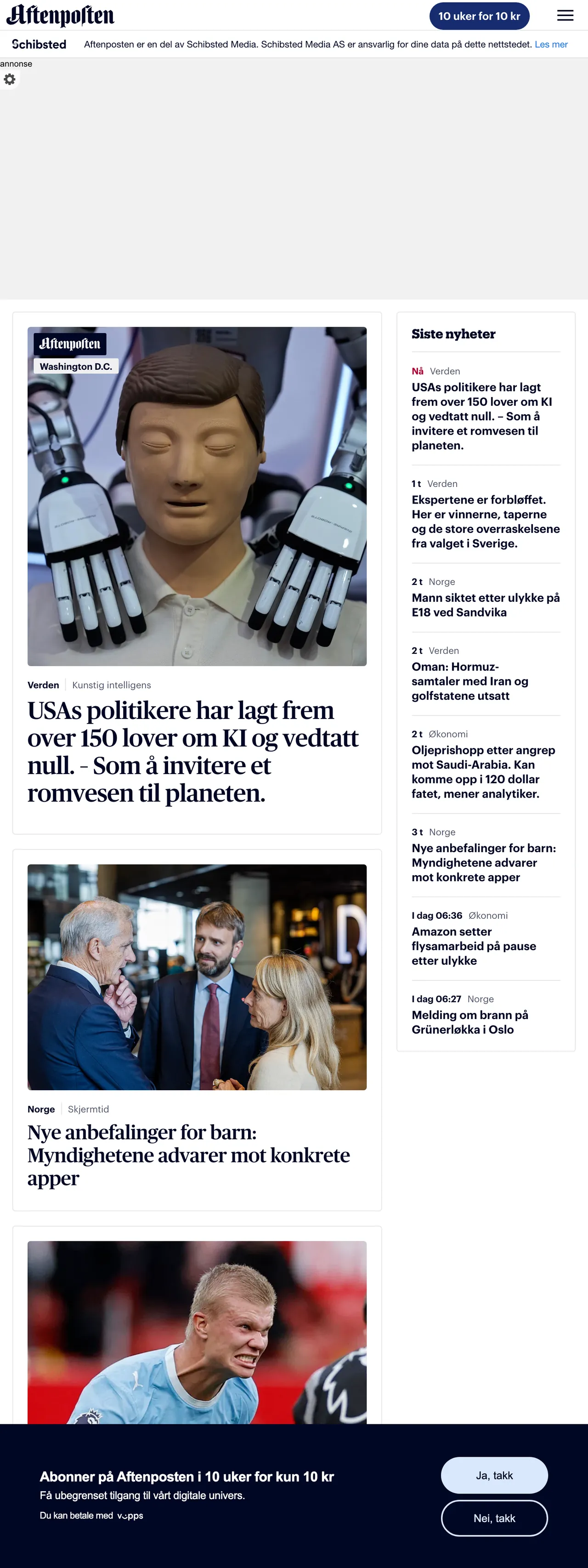 Screenshot of the Aftenposten front page