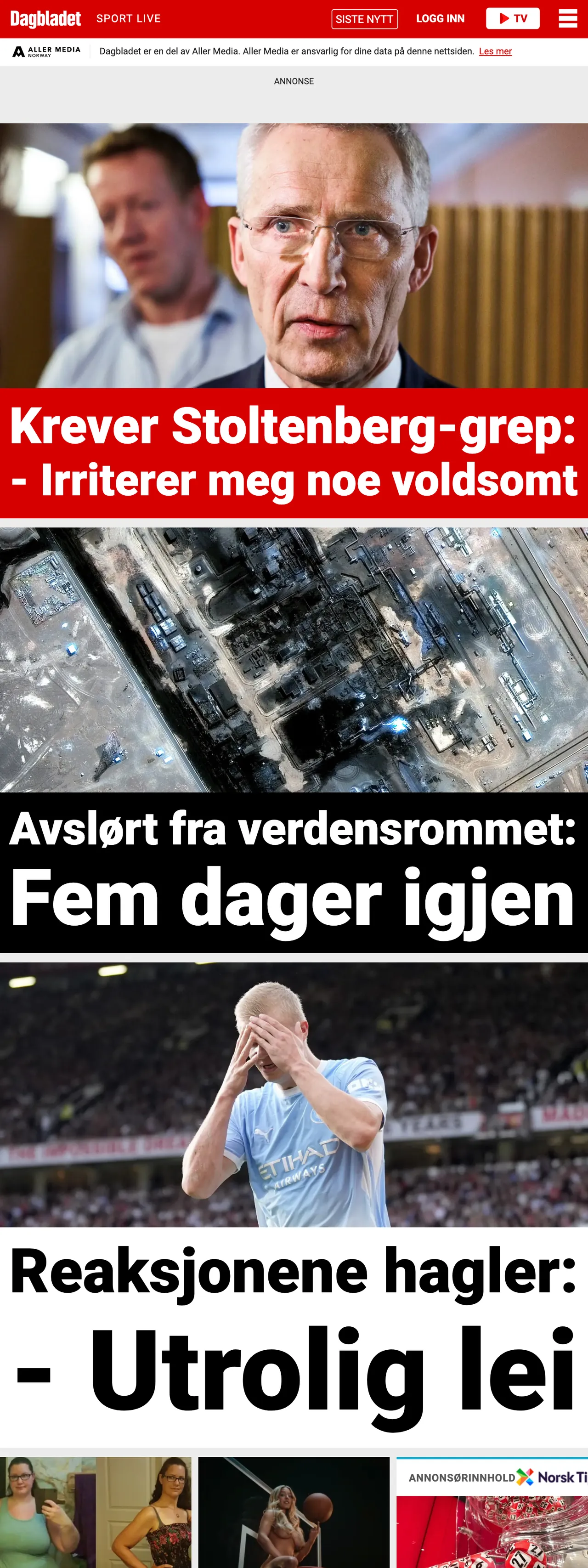 Screenshot of the Dagbladet front page
