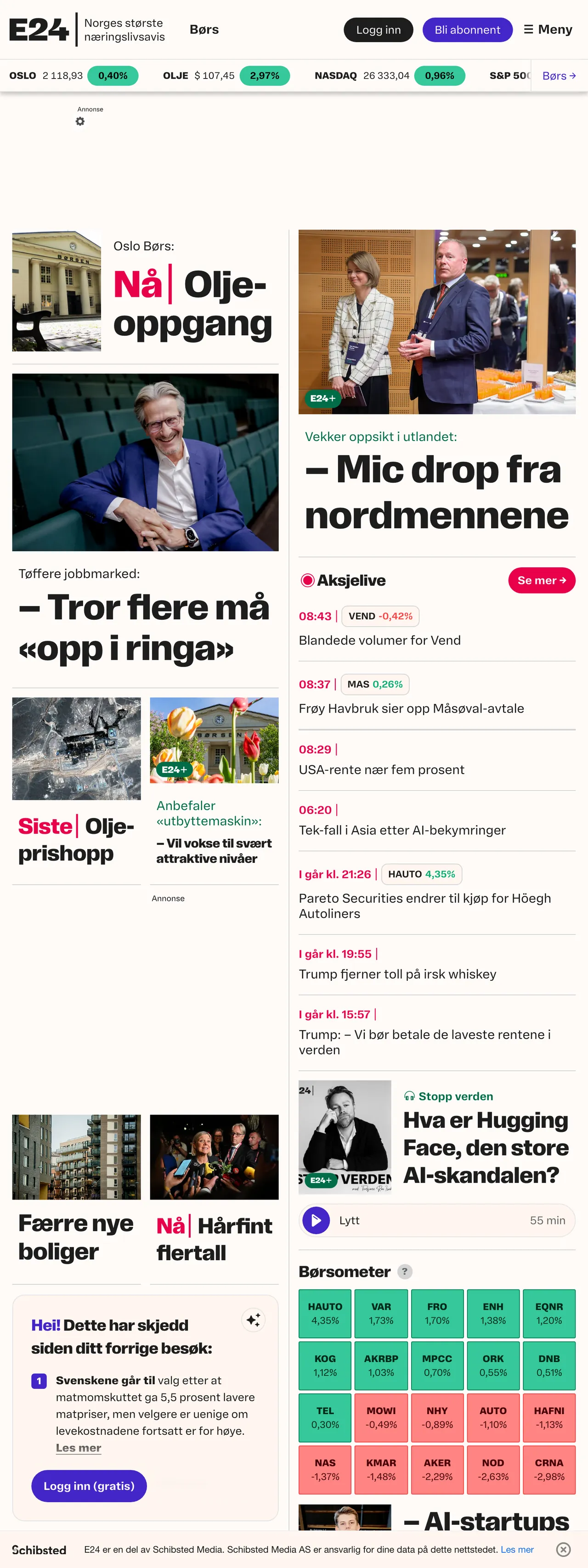 Screenshot of the E24 front page