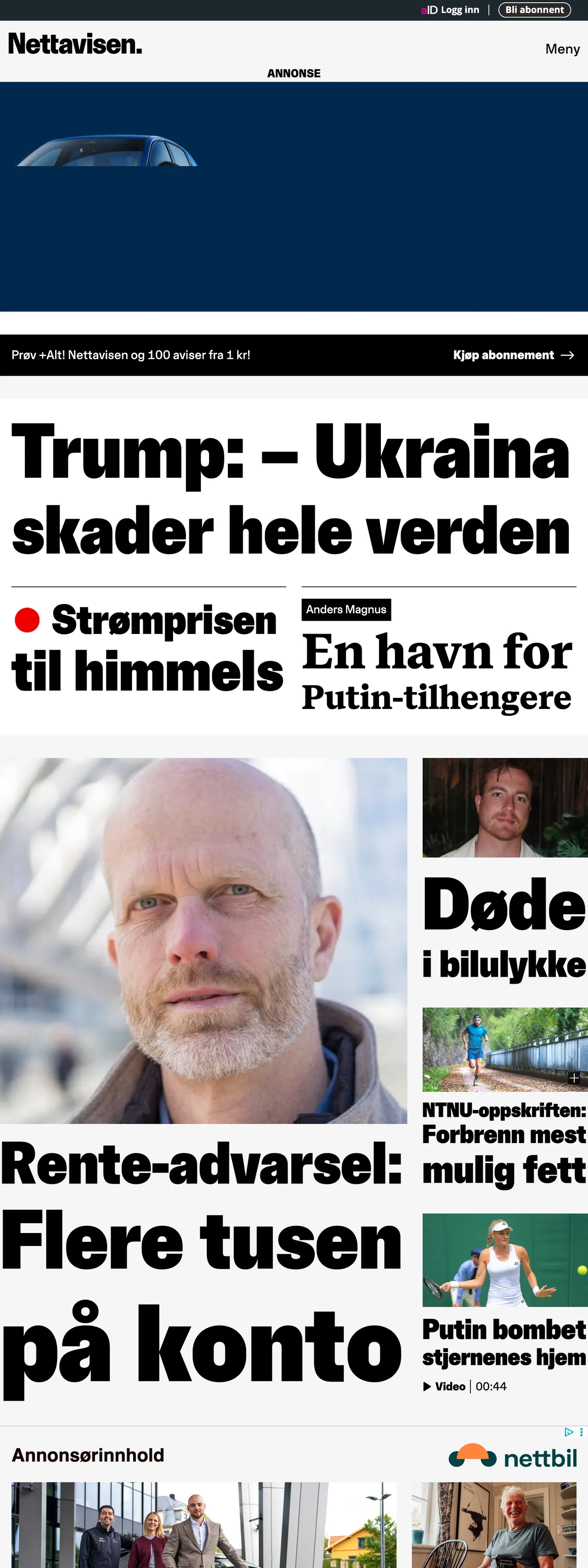 Screenshot of the Nettavisen front page