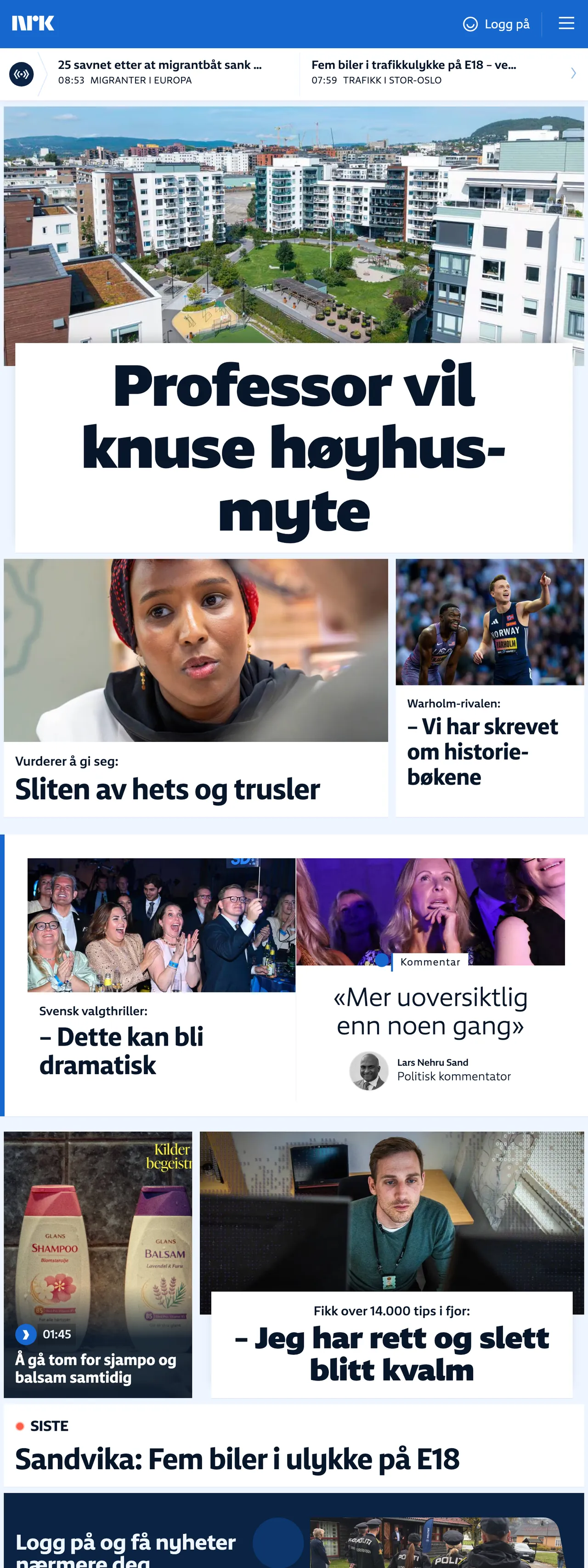 Screenshot of the NRK front page