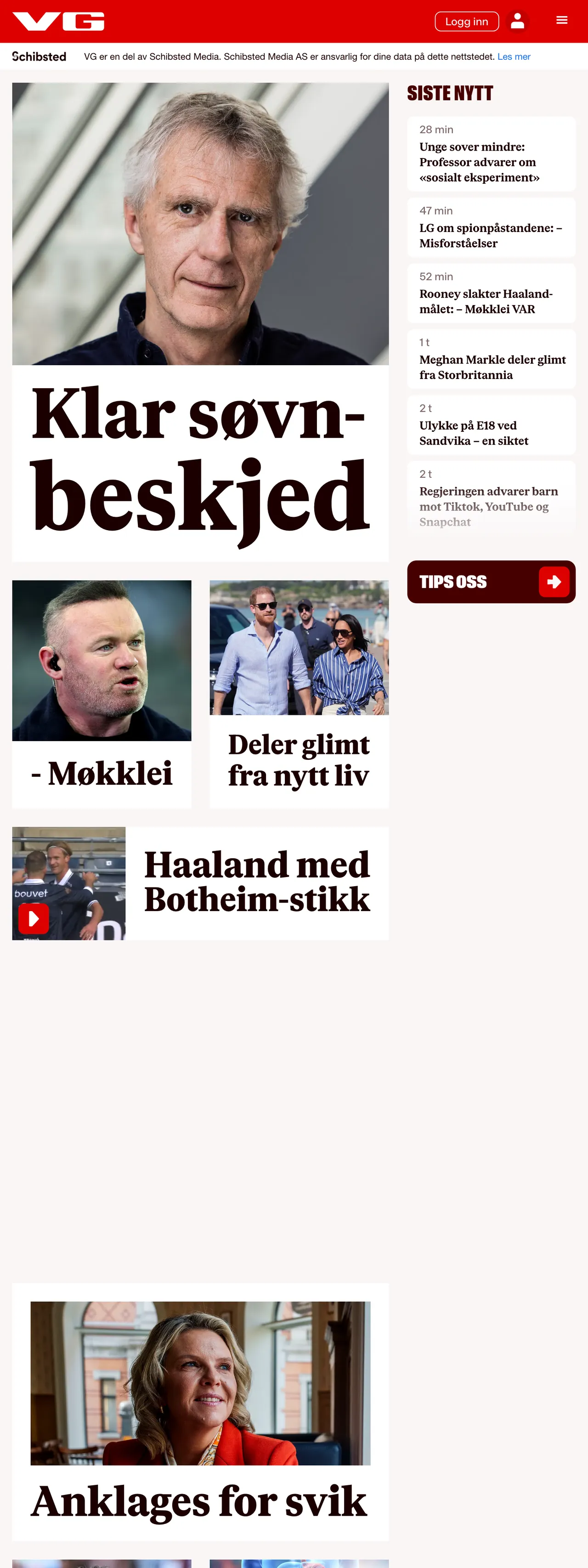 Screenshot of the VG front page