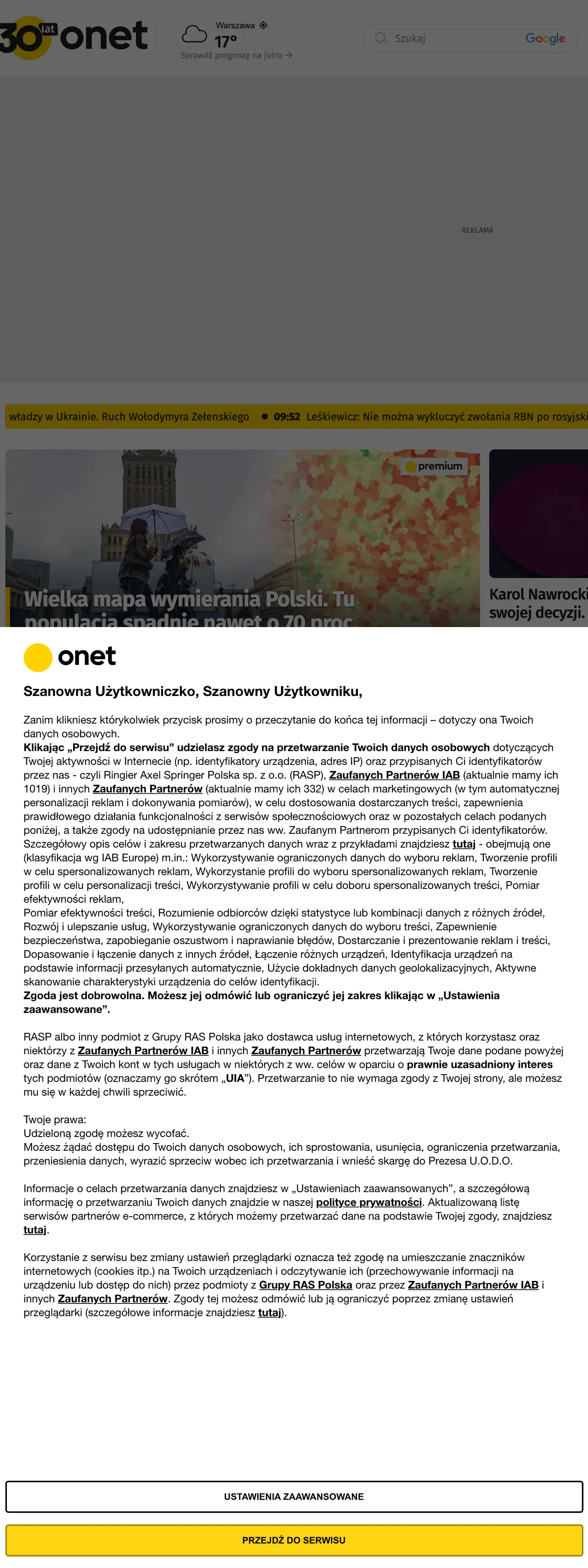 Screenshot of the Onet front page