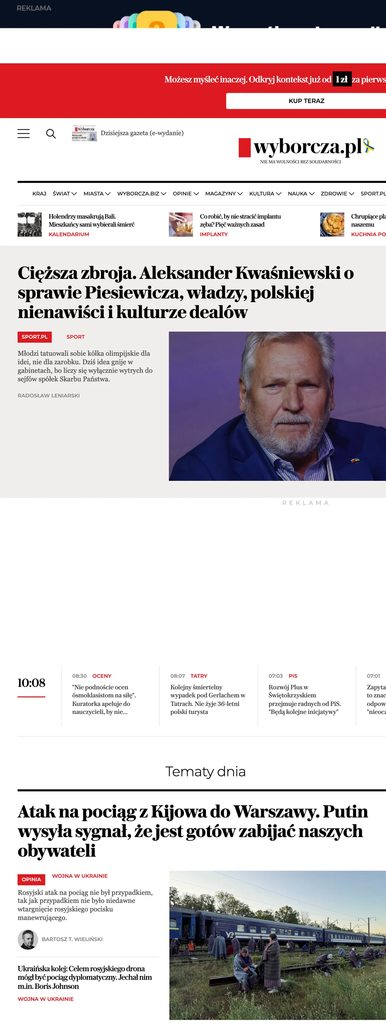 Screenshot of the Wyborcza front page