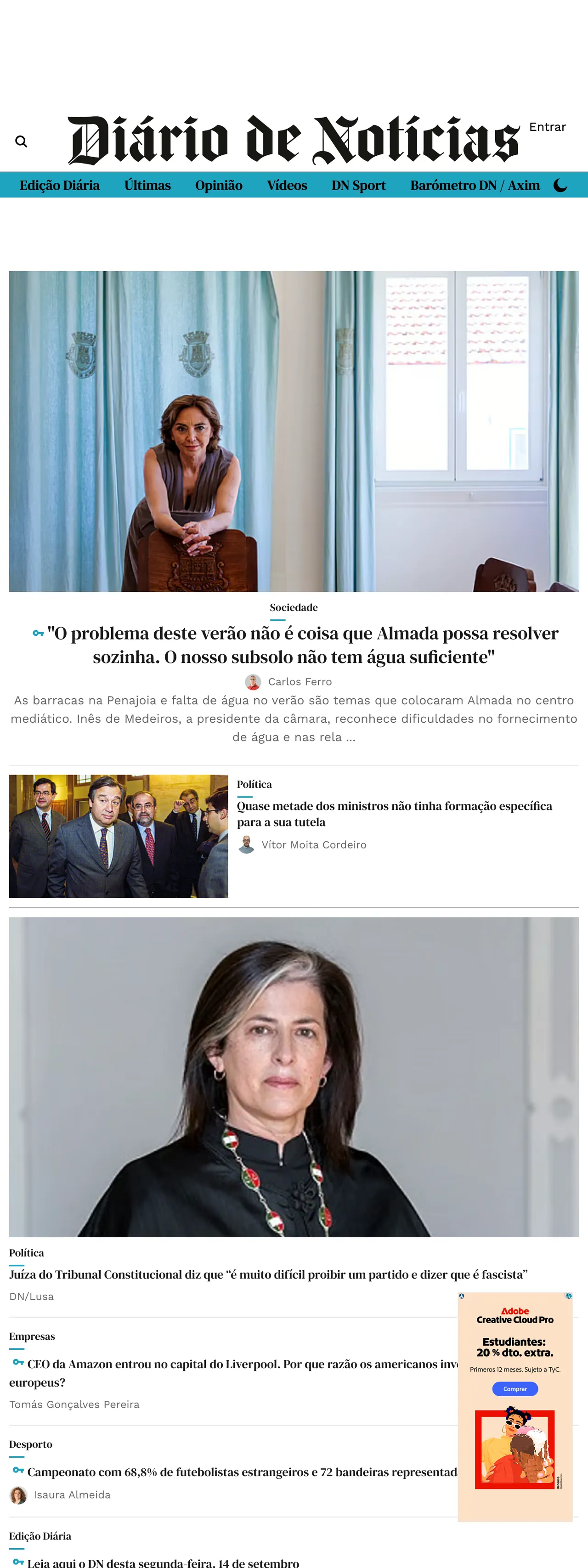 Screenshot of the Diário de Notícias front page