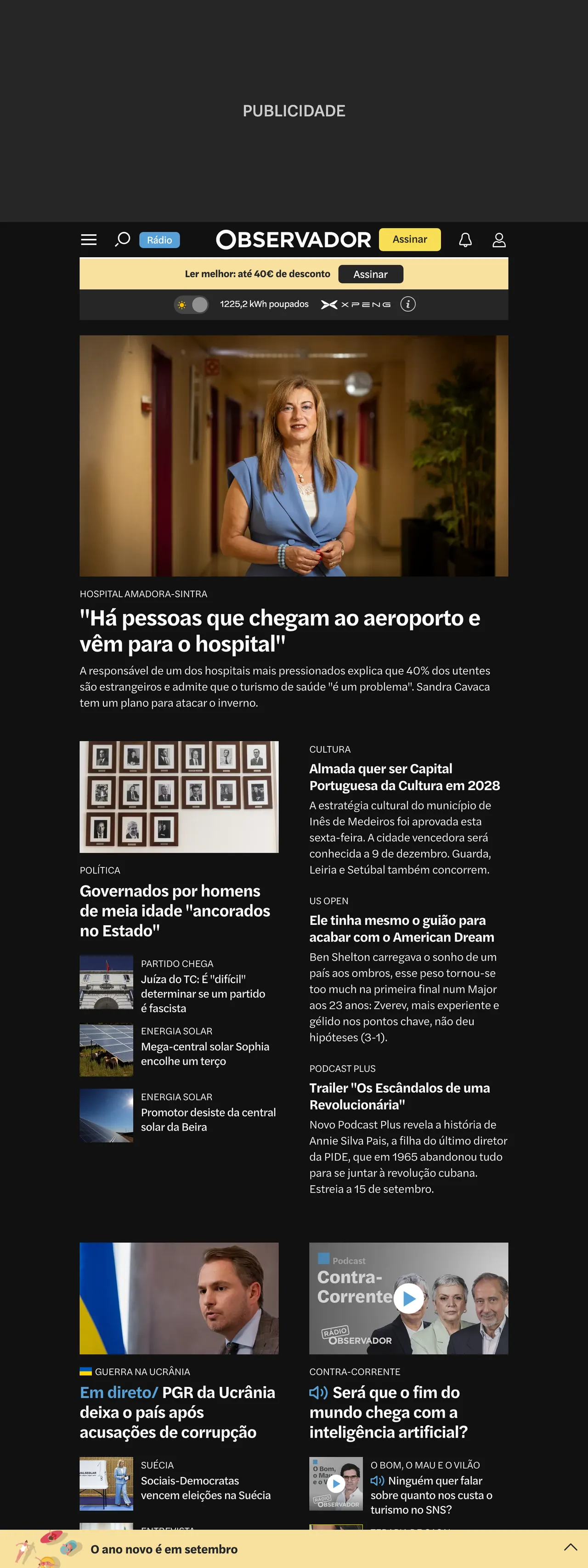 Screenshot of the Observador front page