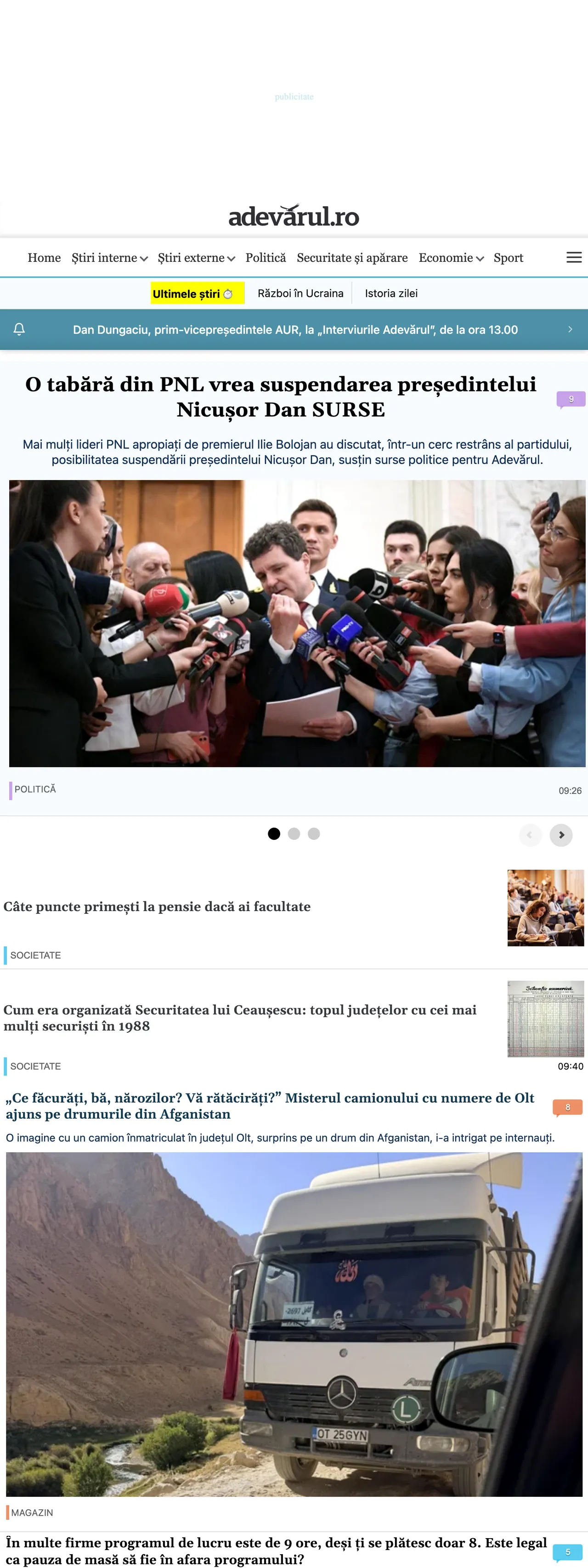 Screenshot of the Adevărul front page