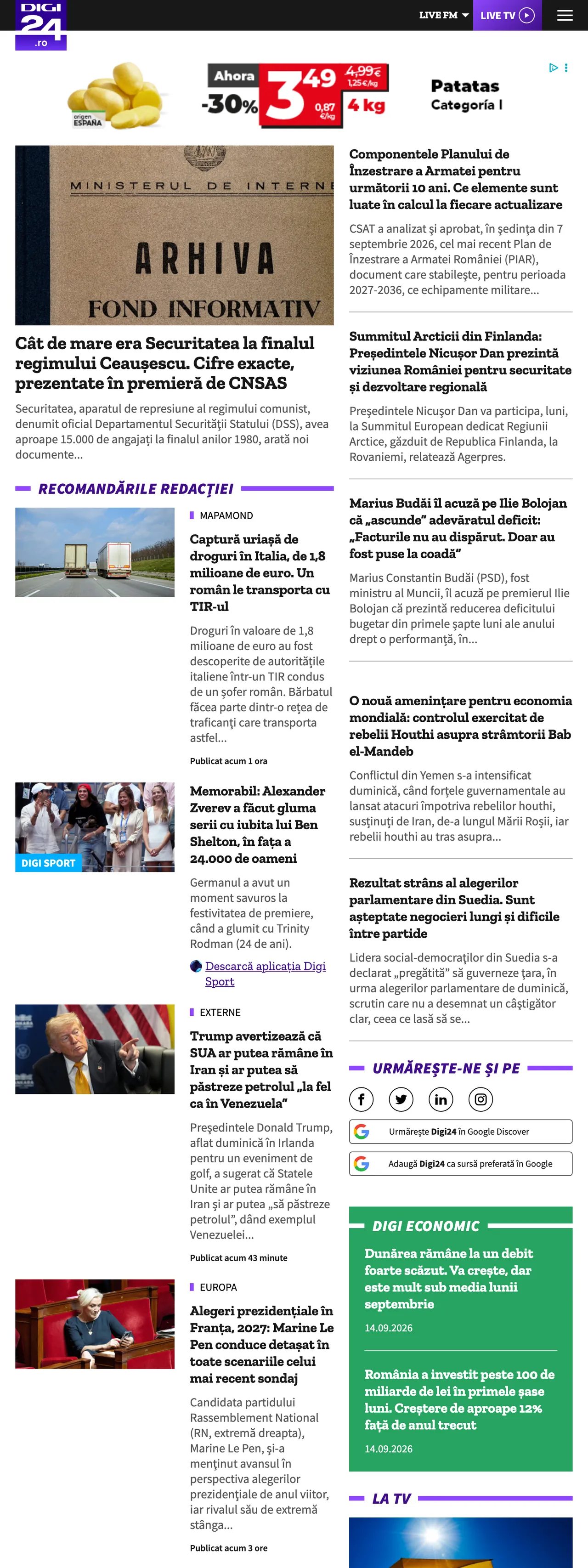 Screenshot of the Digi24 front page