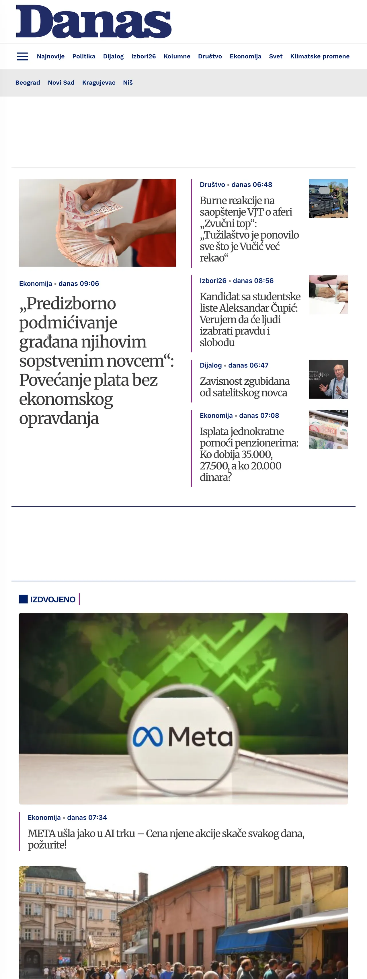 Screenshot of the Danas front page