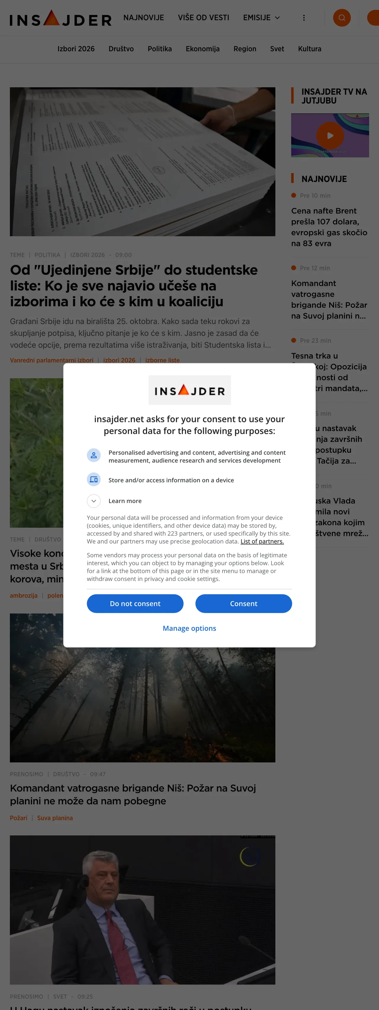 Screenshot of the Insajder front page