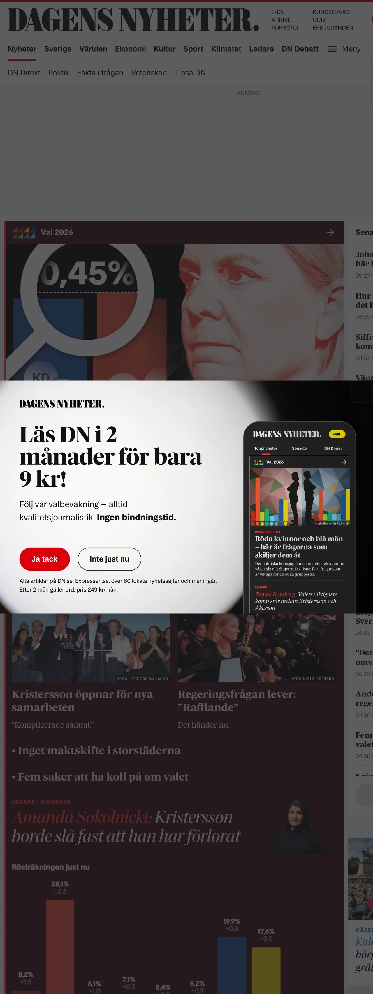 Screenshot of the Dagens Nyheter front page