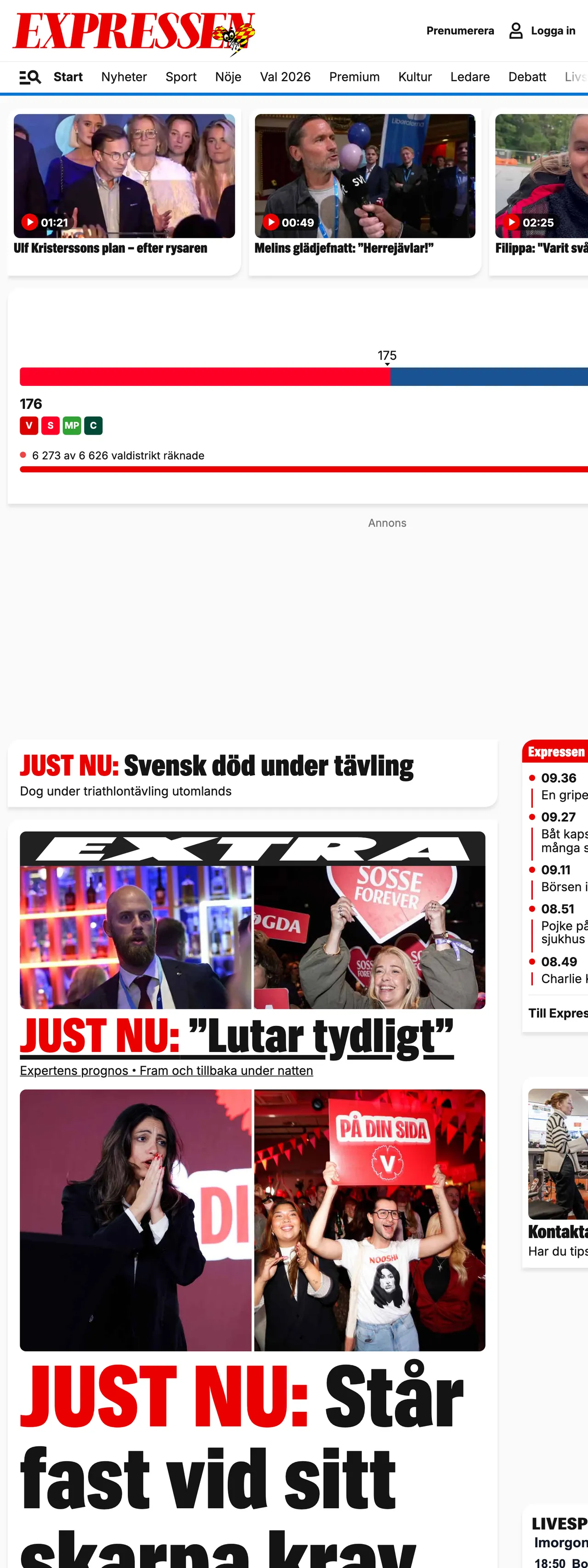 Screenshot of the Expressen front page