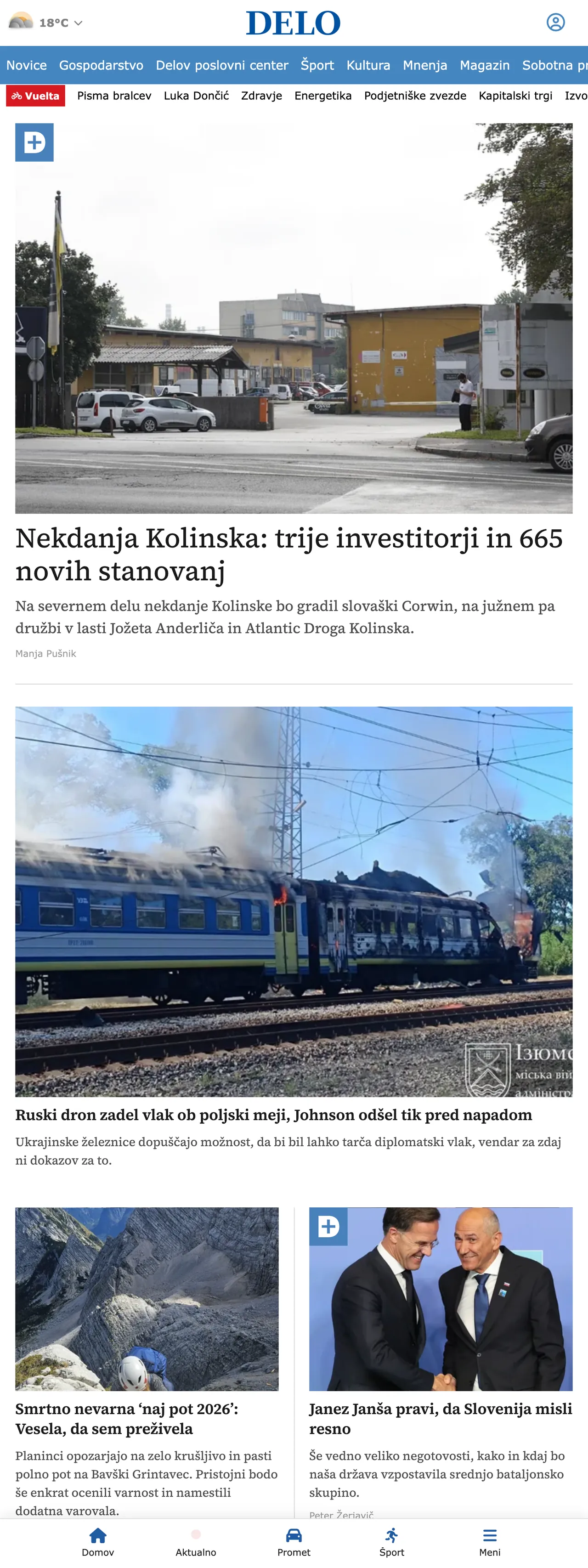 Screenshot of the Delo front page