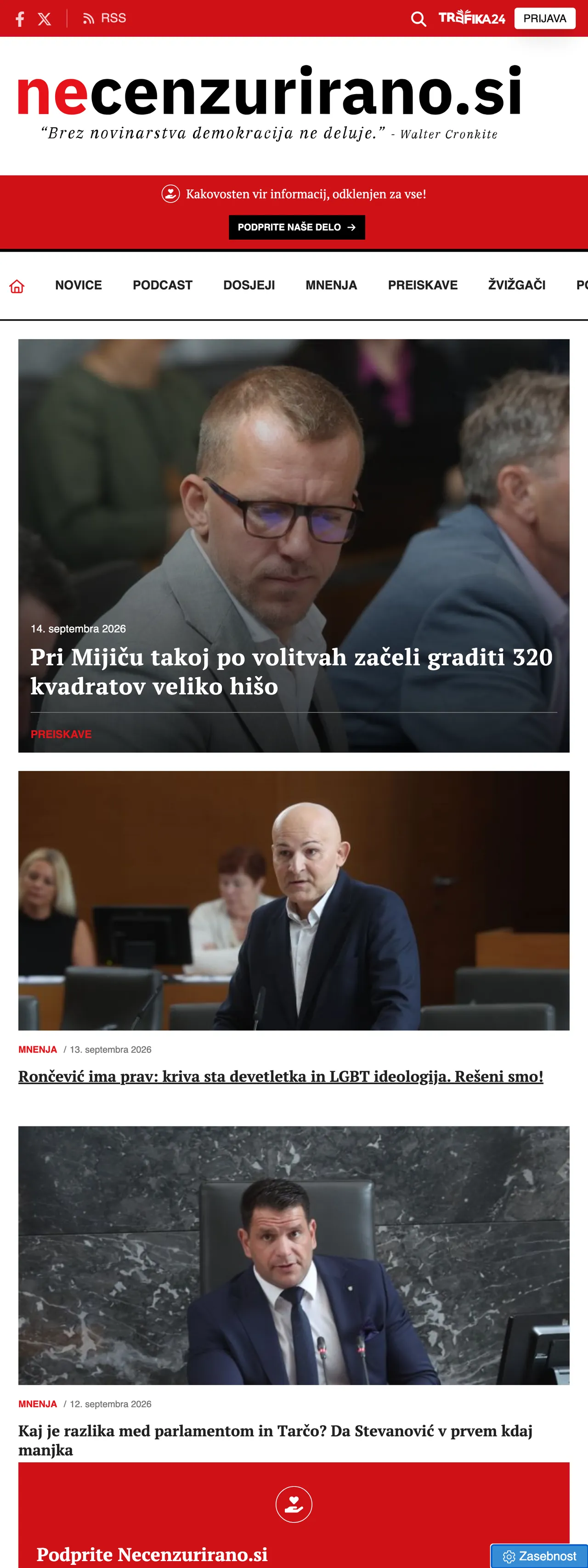 Screenshot of the Necenzurirano front page