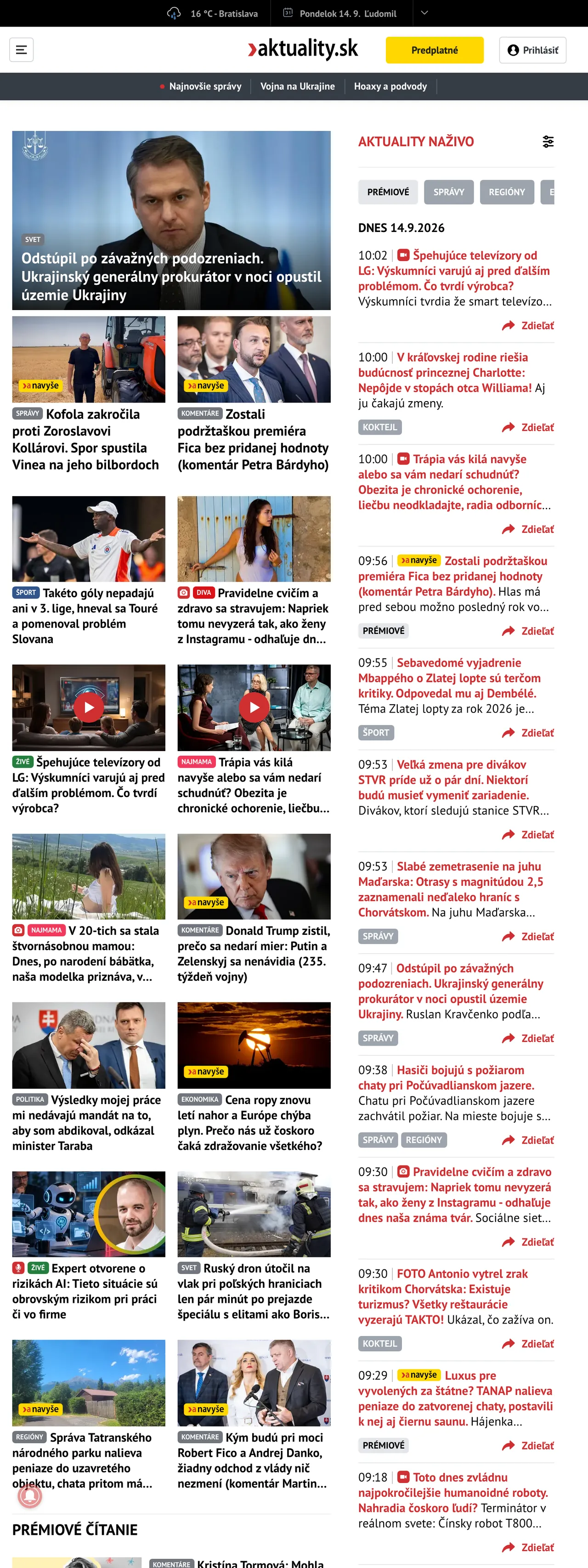Screenshot of the Aktuality.sk front page