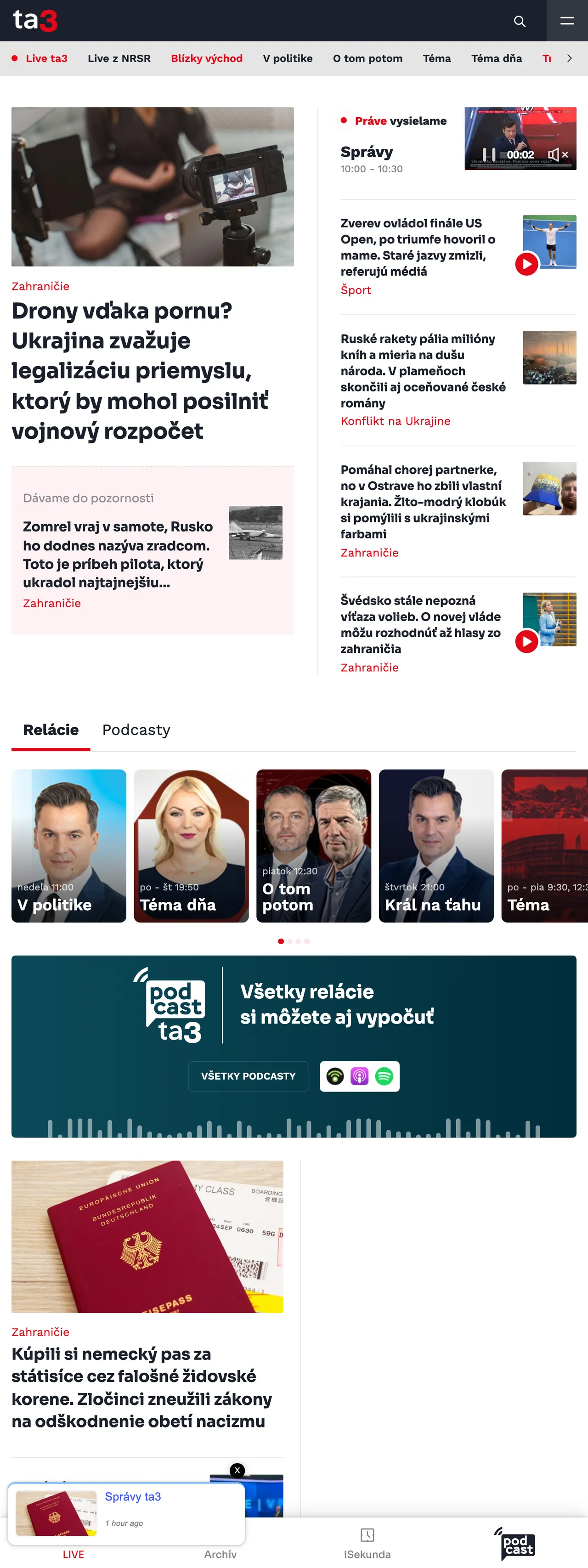 Screenshot of the TA3 front page