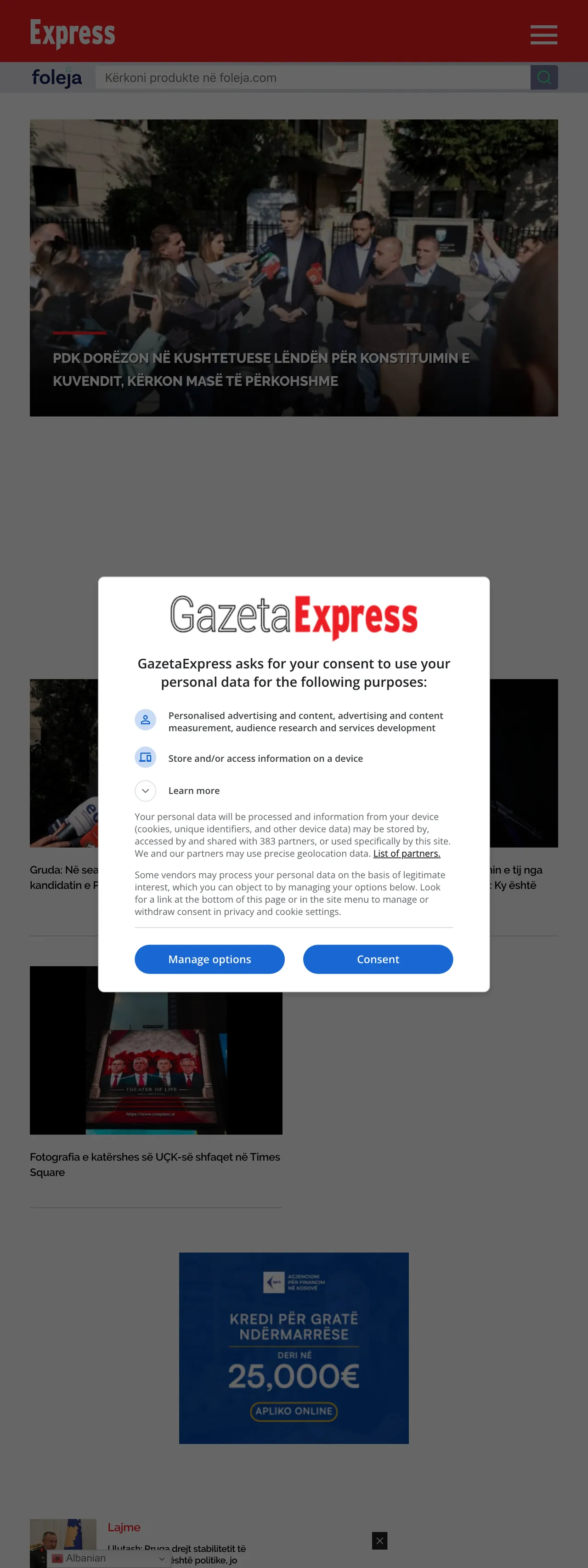 Screenshot of the Gazeta Express front page