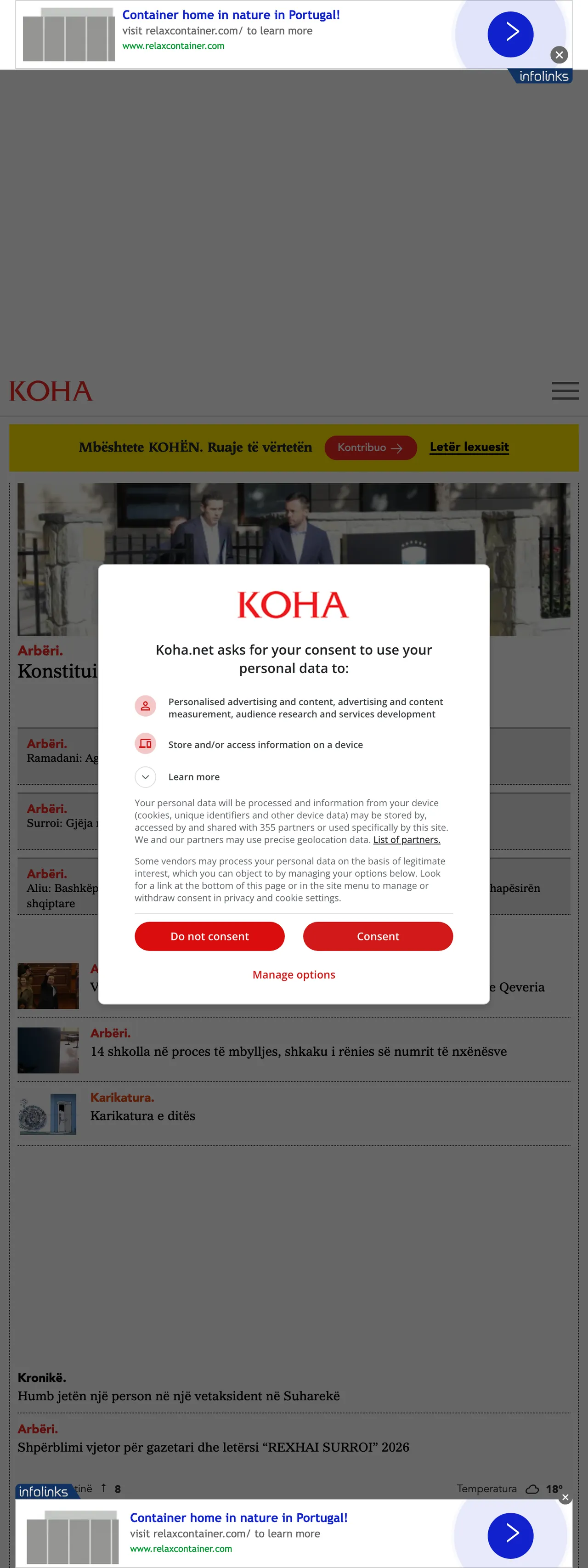 Screenshot of the Koha Ditore front page
