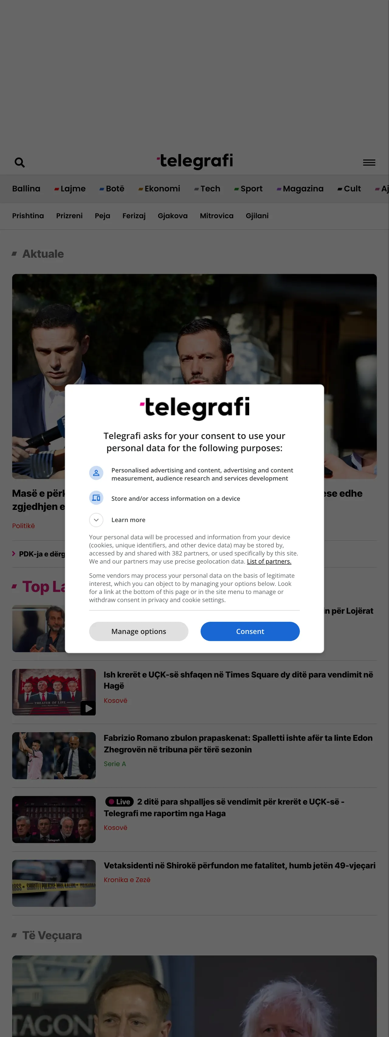 Screenshot of the Telegrafi front page