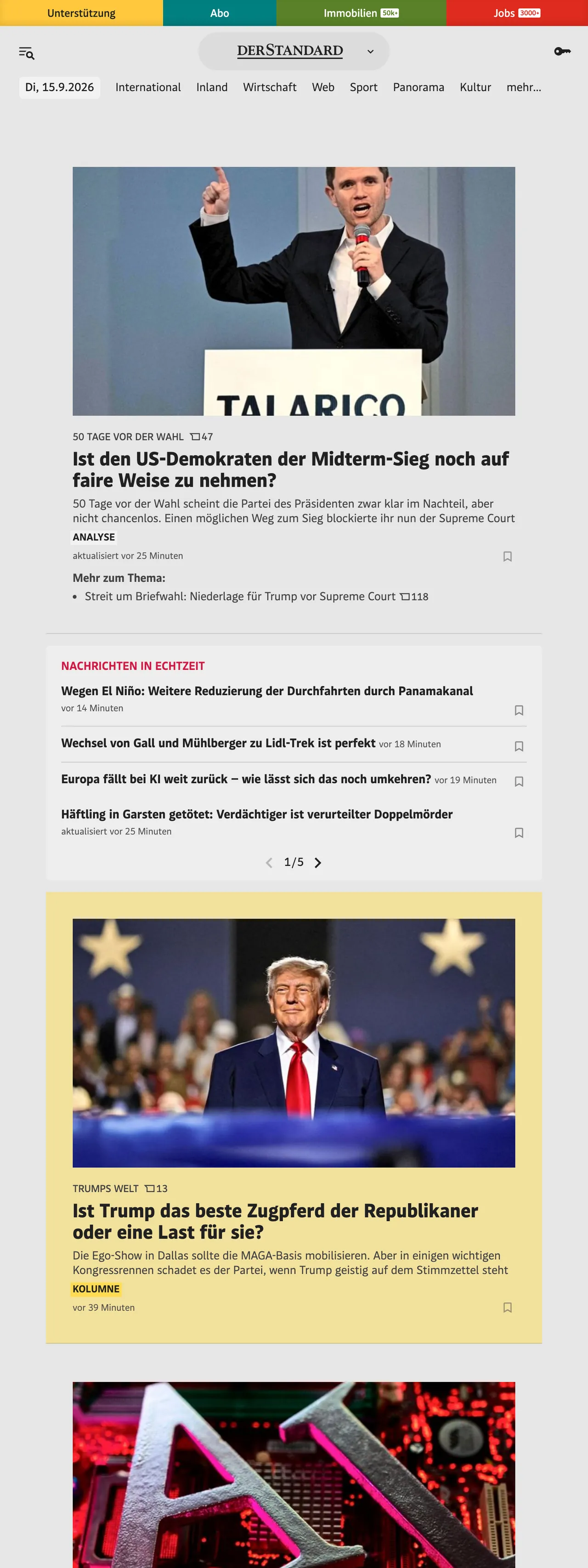 Screenshot of the DER STANDARD front page