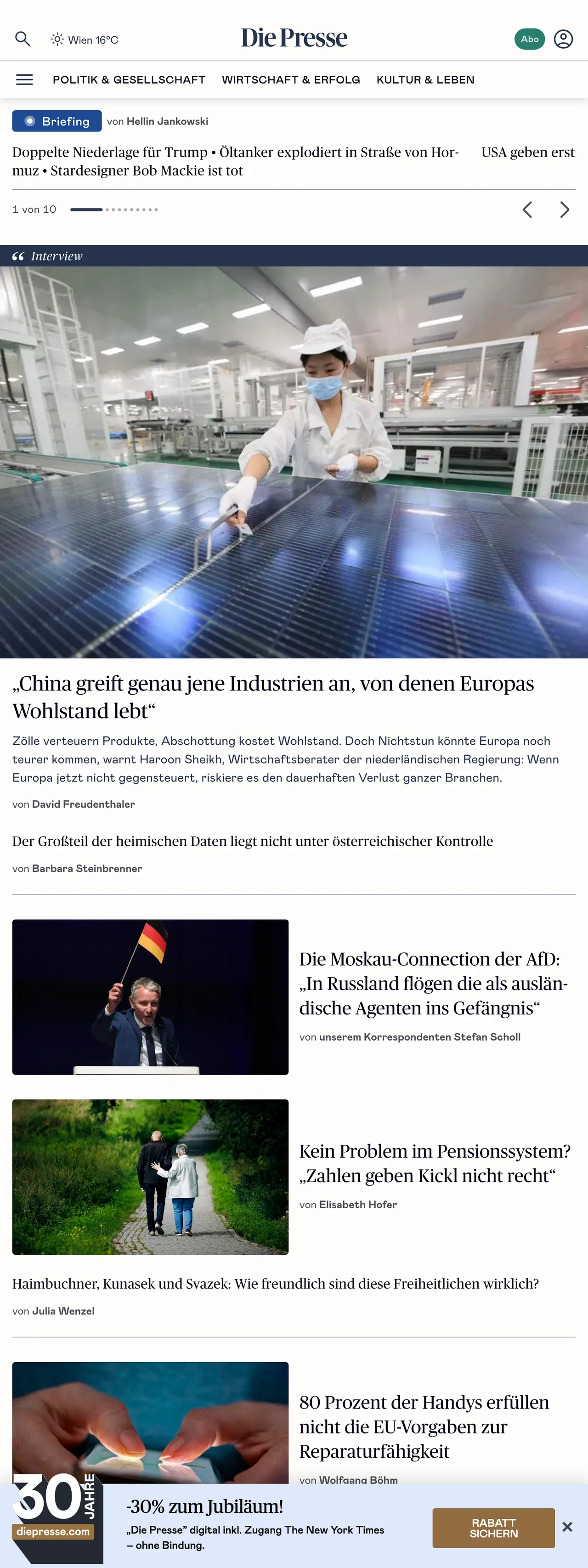 Screenshot of the Die Presse front page