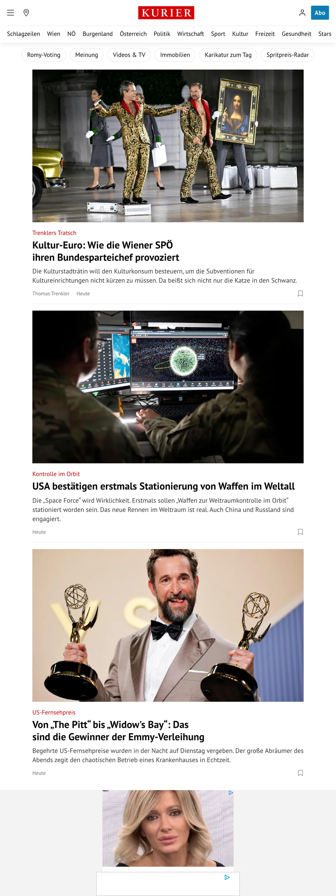 Screenshot of the Kurier front page