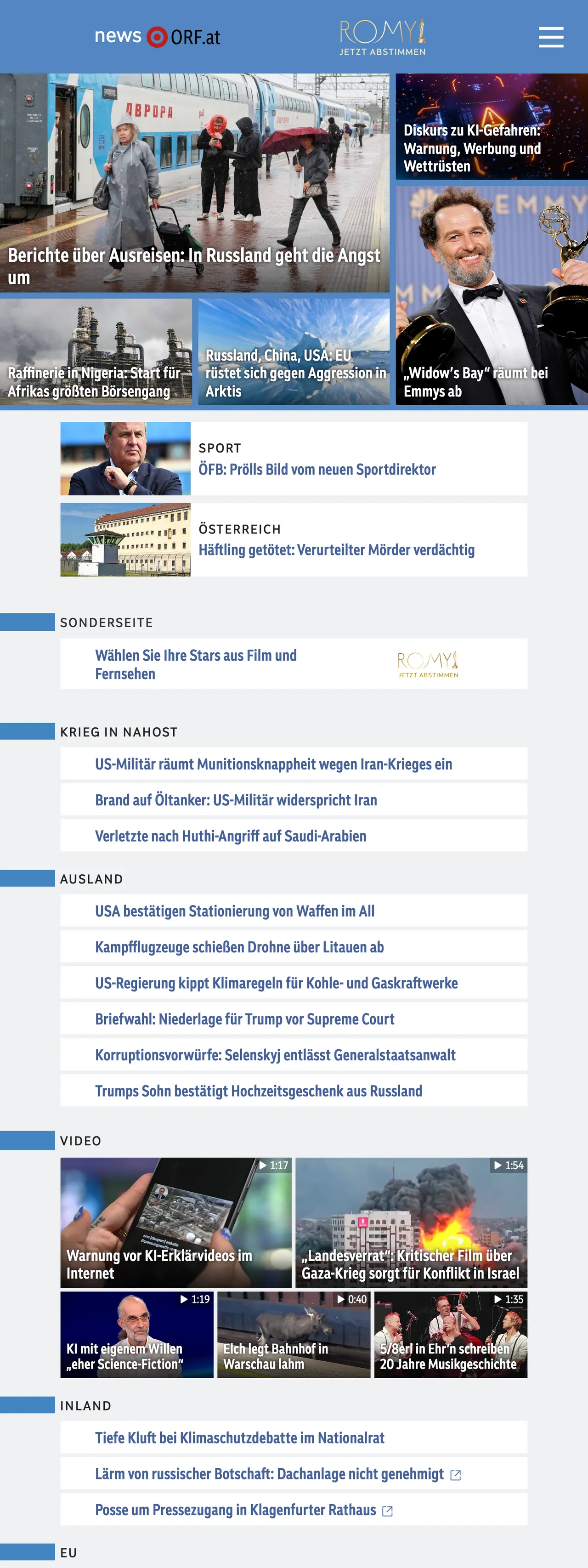 Screenshot of the ORF front page