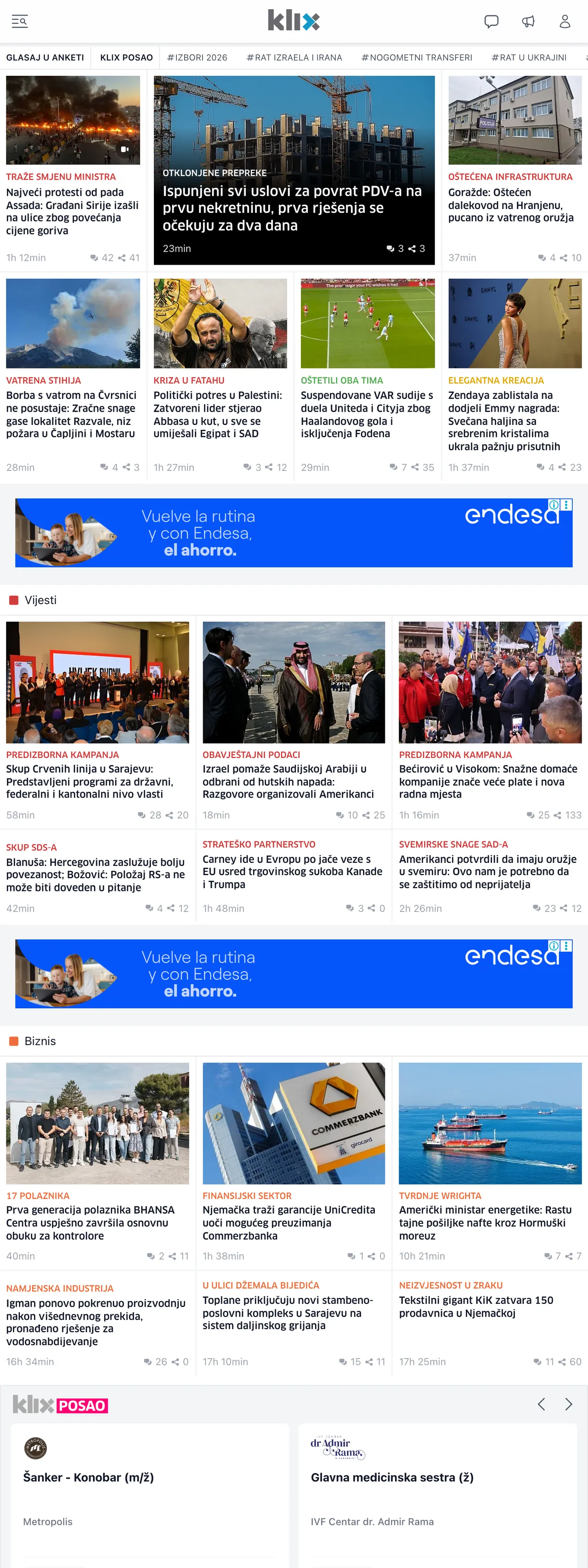 Screenshot of the Klix.ba front page