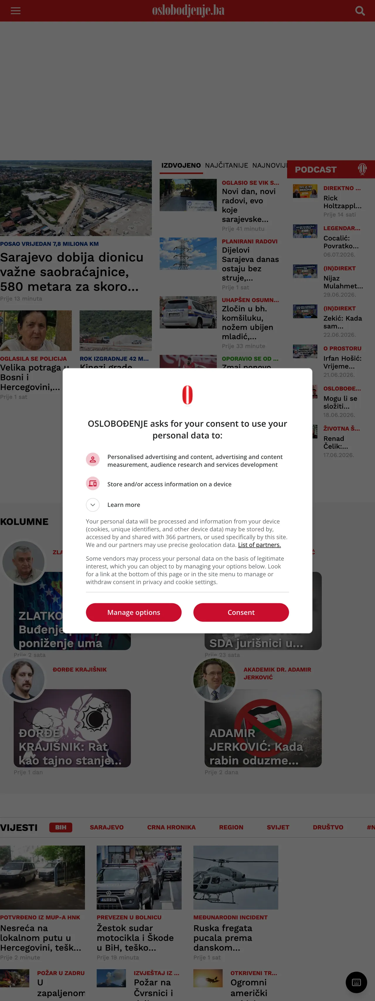 Screenshot of the Oslobođenje front page