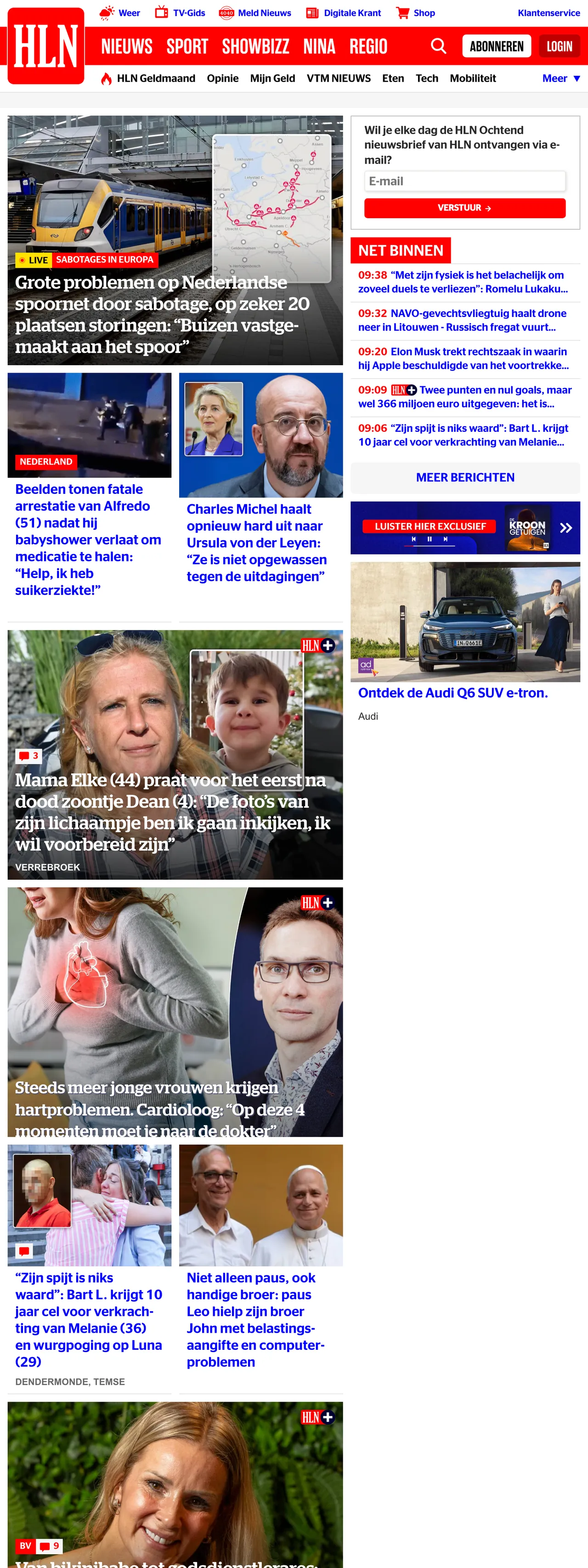 Screenshot of the HLN front page